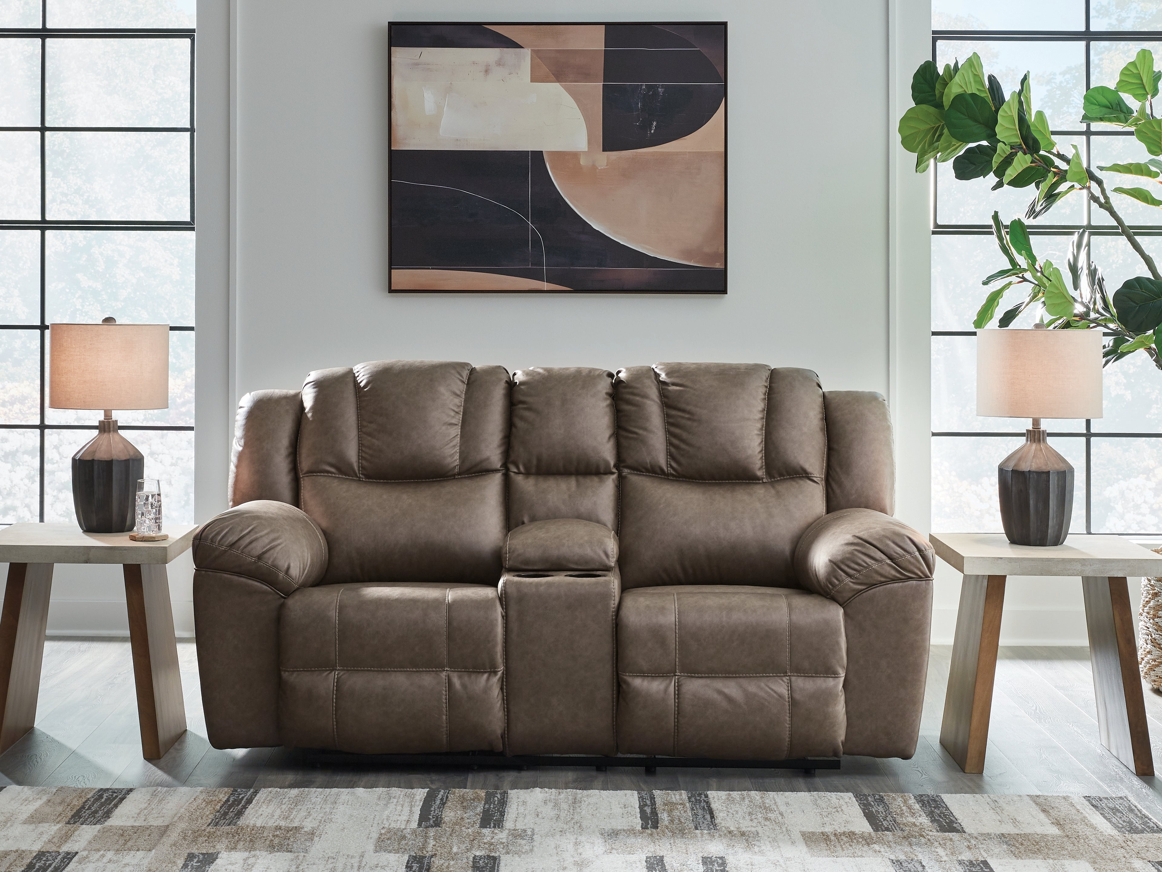 Fine Furniture & Decor - Ashley Furniture - Lowilla Living Room - DBL Rec Loveseat w/Console / Driftwood - PC6450694