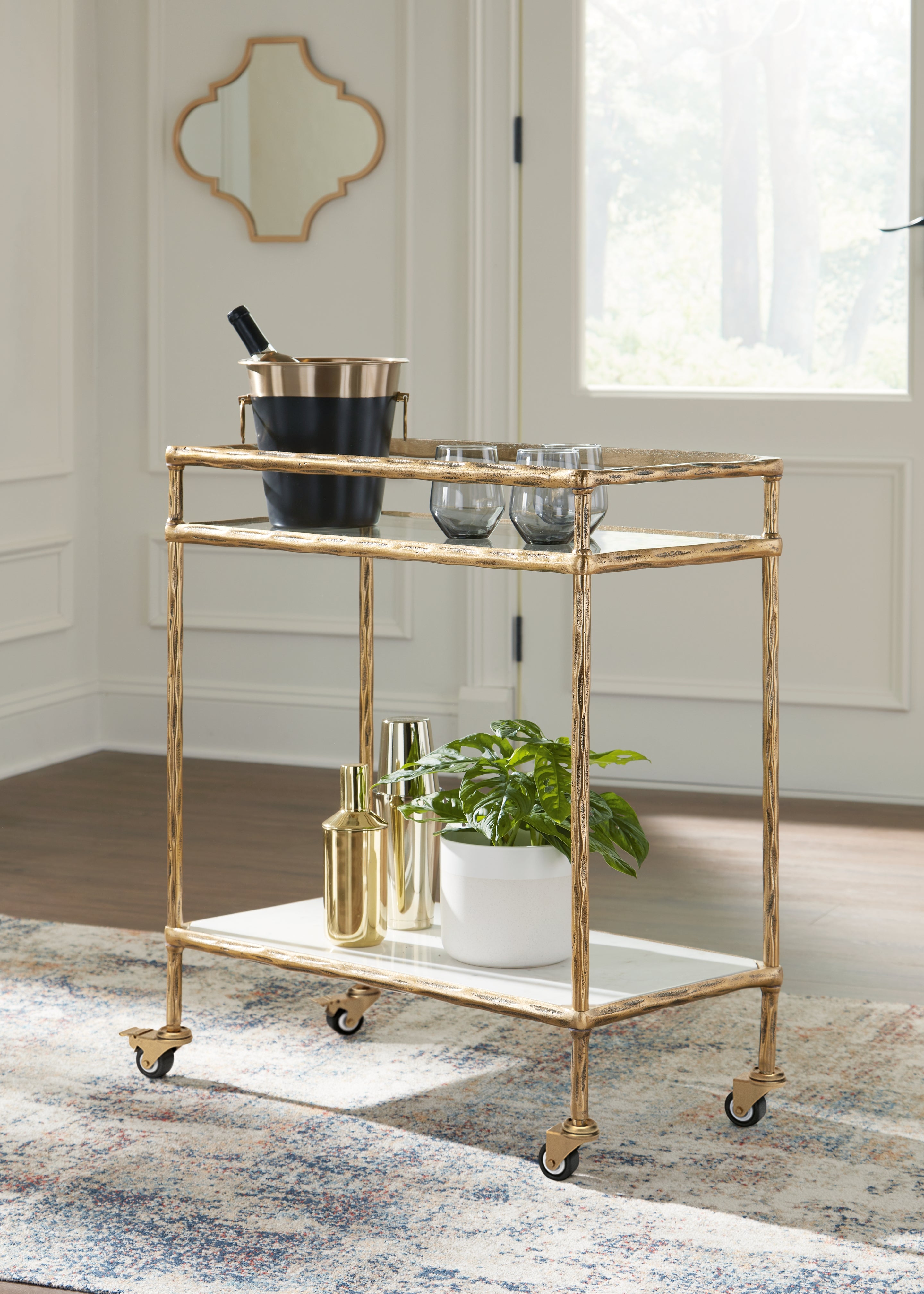 Fine Furniture & Decor - Ashley Furniture - Plattfield Bar Cart - Bar Cart / Antique Gold Finish - A4000625