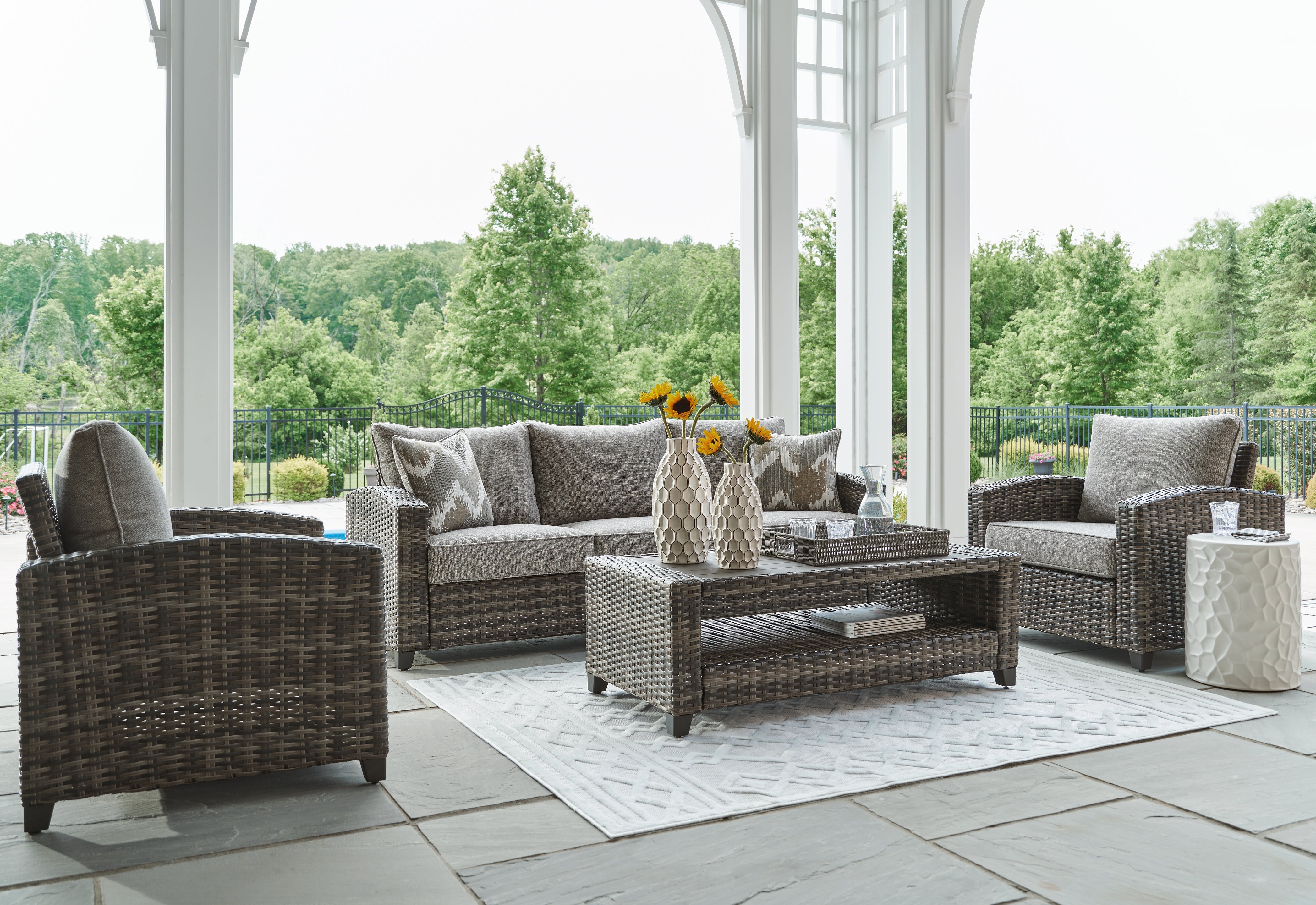 Fine Furniture & Decor - Ashley Furniture - Oasis Court Outdoor - Sofa/Chairs/Table Set (4/CN) / Gray - P335-081