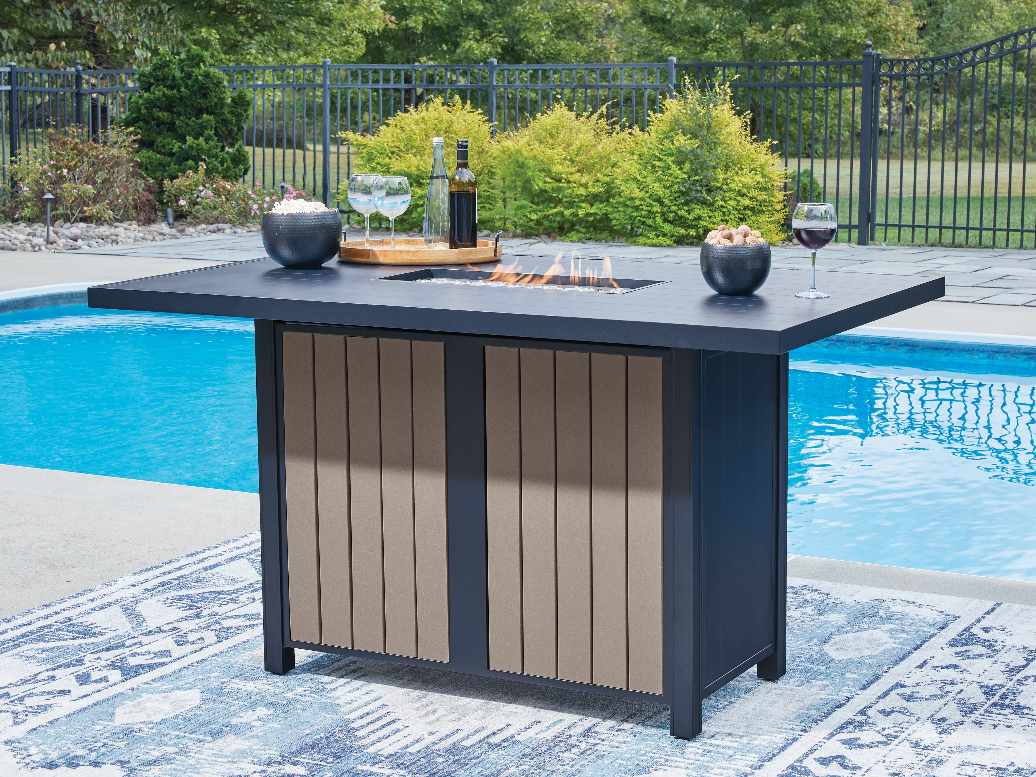 Fine Furniture & Decor - Ashley Furniture - East Beach Outdoor - RECT Bar Table w/Fire Pit - PCP587-665