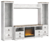 Fine Furniture & Decor - Ashley Furniture - Willowton 4-Piece Entertainment Center with Electric Fireplace - 4-Piece Entertainment Center with Electric Fireplace / Whitewash - W267W4