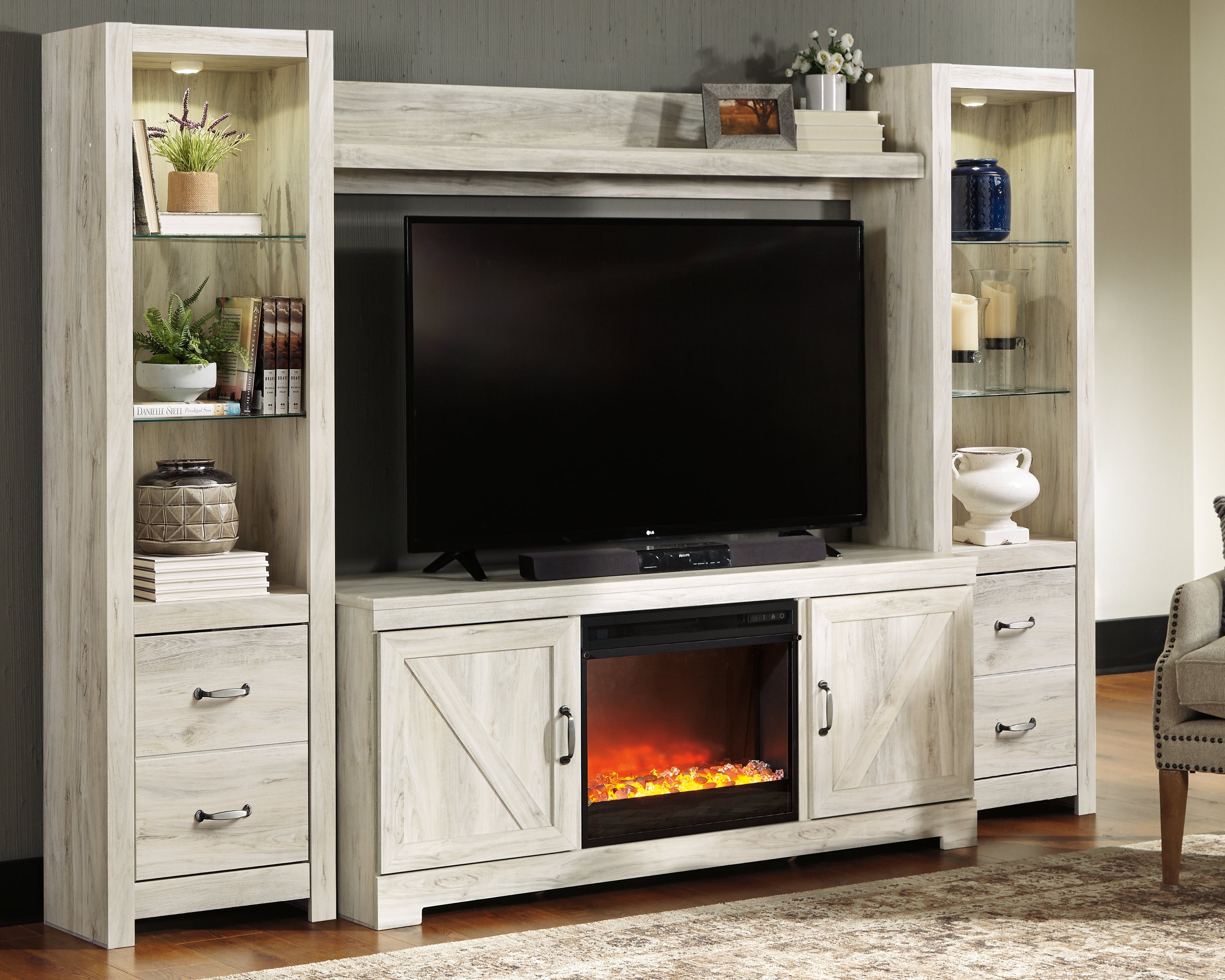 Fine Furniture & Decor - Ashley Furniture - Bellaby 4-Piece Entertainment Center with Fireplace - 4-Piece Entertainment Center with Fireplace / Whitewash - W331W5