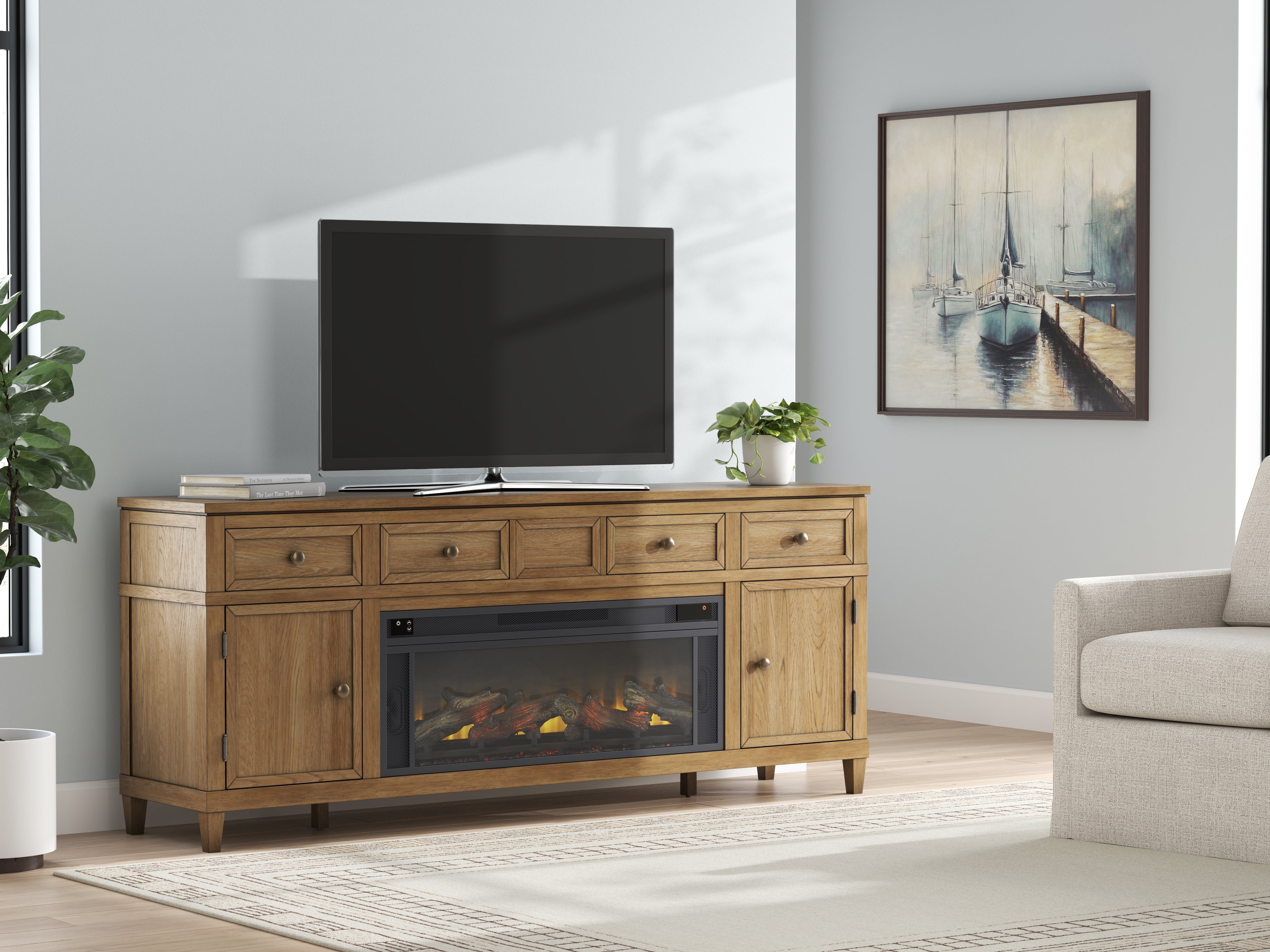 Fine Furniture & Decor - Ashley Furniture - Sharlance 81" TV Stand with Electric Fireplace - 81" TV Stand with Electric Fireplace / Light Brown - W655W1