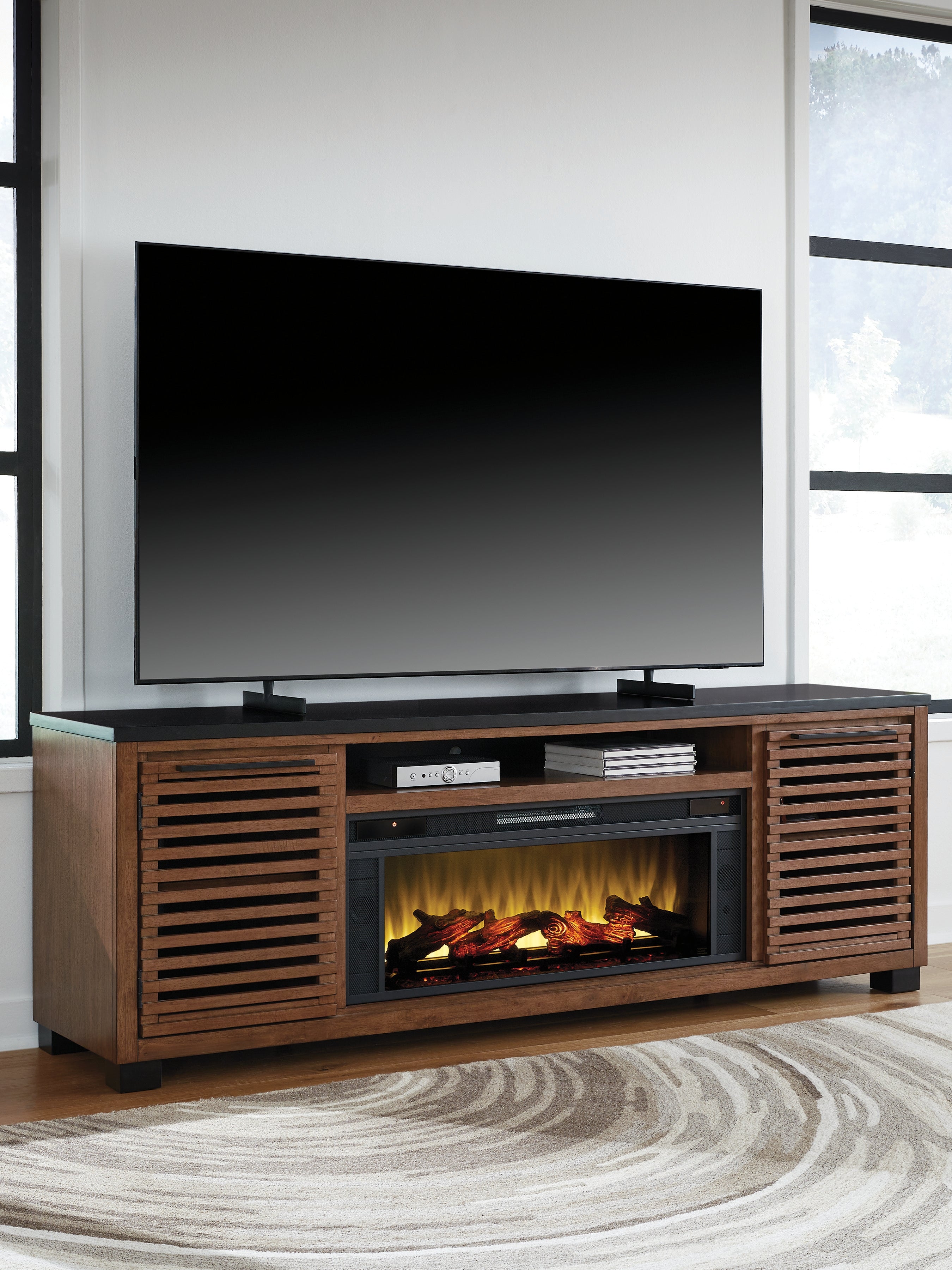 Fine Furniture & Decor - Ashley Furniture - Kallari 84" TV Stand with Electric Fireplace - 84" TV Stand with Electric Fireplace / Warm Brown/Black - W737W1