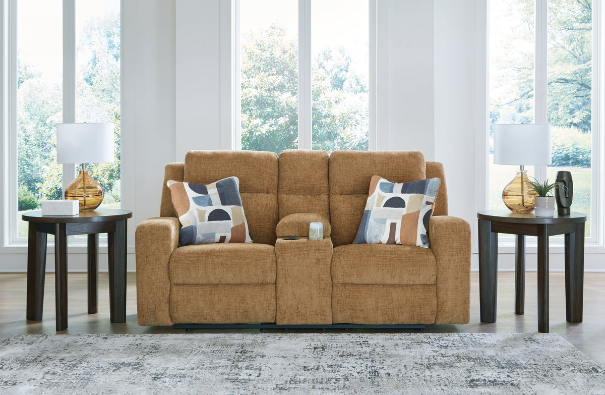Fine Furniture & Decor - Ashley Furniture - Kanlow Living Room - DBL Rec Loveseat w/Console / Honey - 3860594