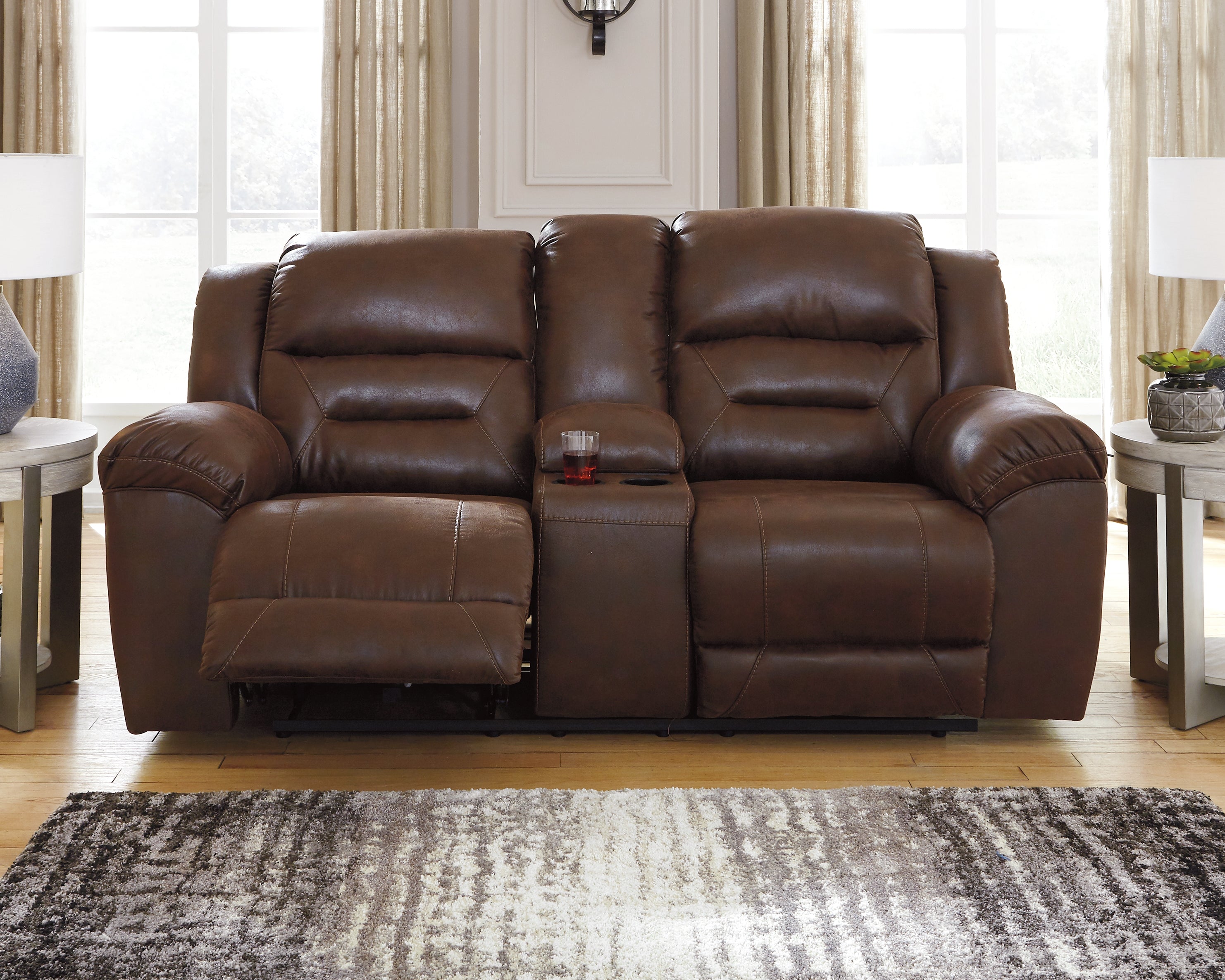 Fine Furniture & Decor - Ashley Furniture - Stoneland Living Room - DBL Rec Loveseat w/Console / Chocolate - 3990494