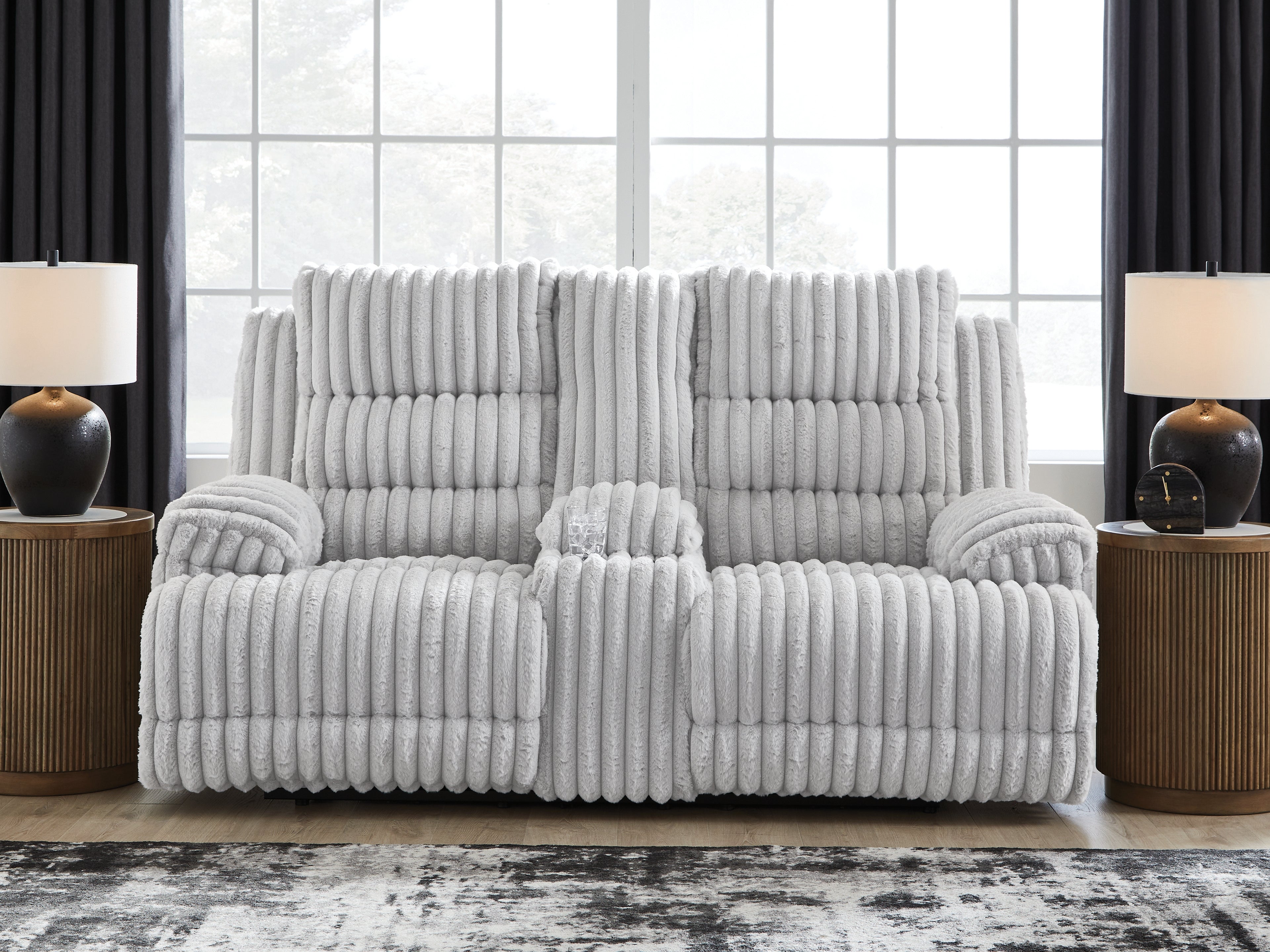 Fine Furniture & Decor - Ashley Furniture - Rhines Falls Living Room - DBL REC PWR Loveseat w/Console / Alloy - PC4280496