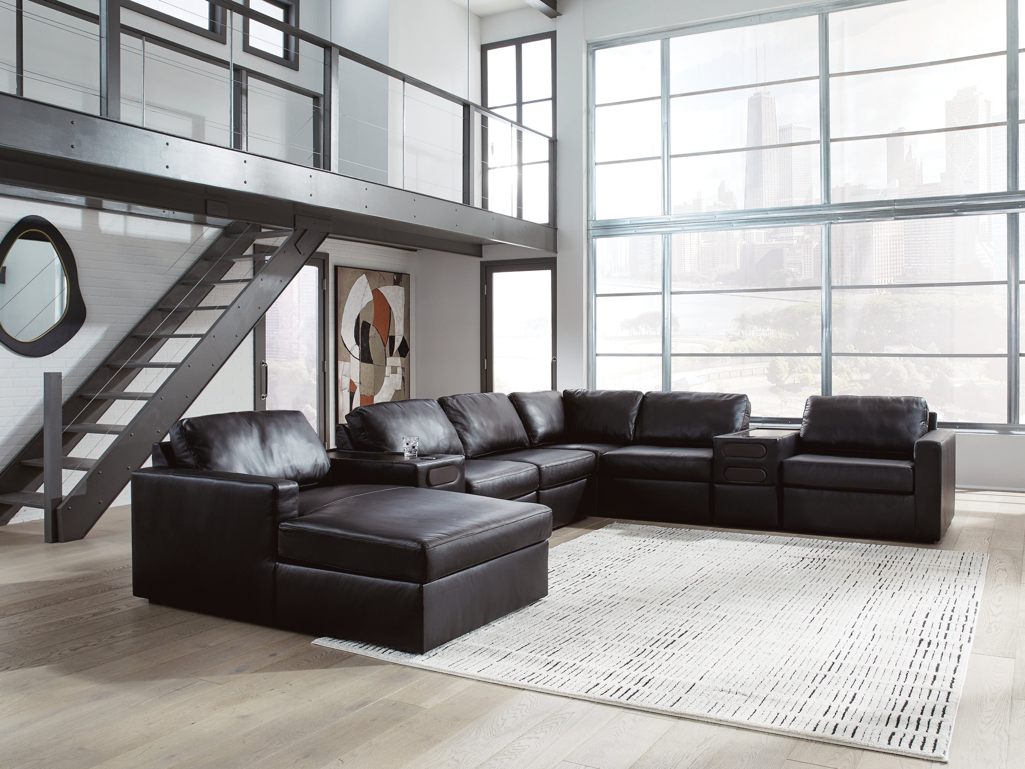 Fine Furniture & Decor - Ashley Furniture - ModMax II Sectional - RAF 8-Piece Sectional with Chaise and Audio Consoles / Black - 74305S47