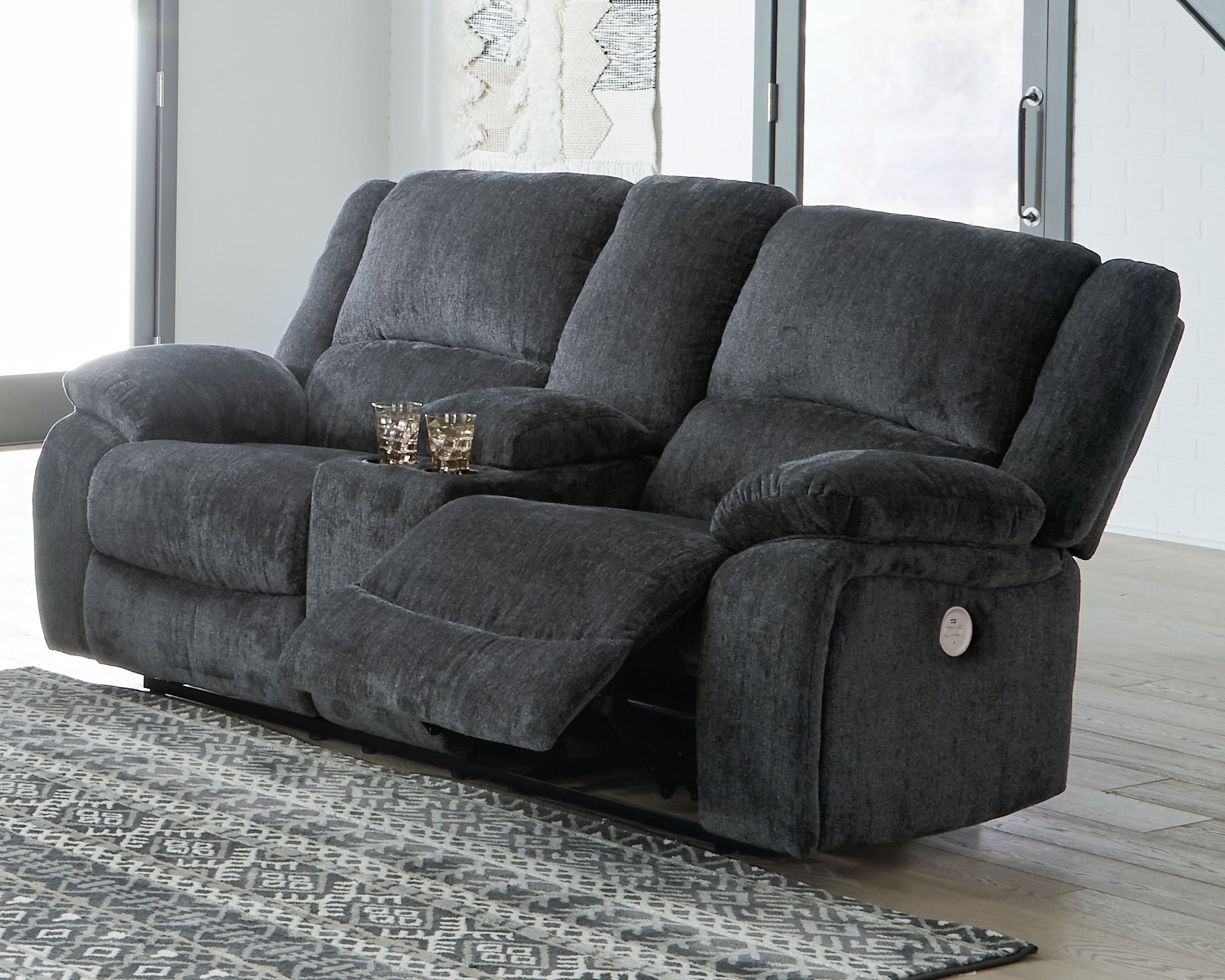 Fine Furniture & Decor - Ashley Furniture - Draycoll Living Room - DBL REC PWR Loveseat w/Console / Slate - 7650496