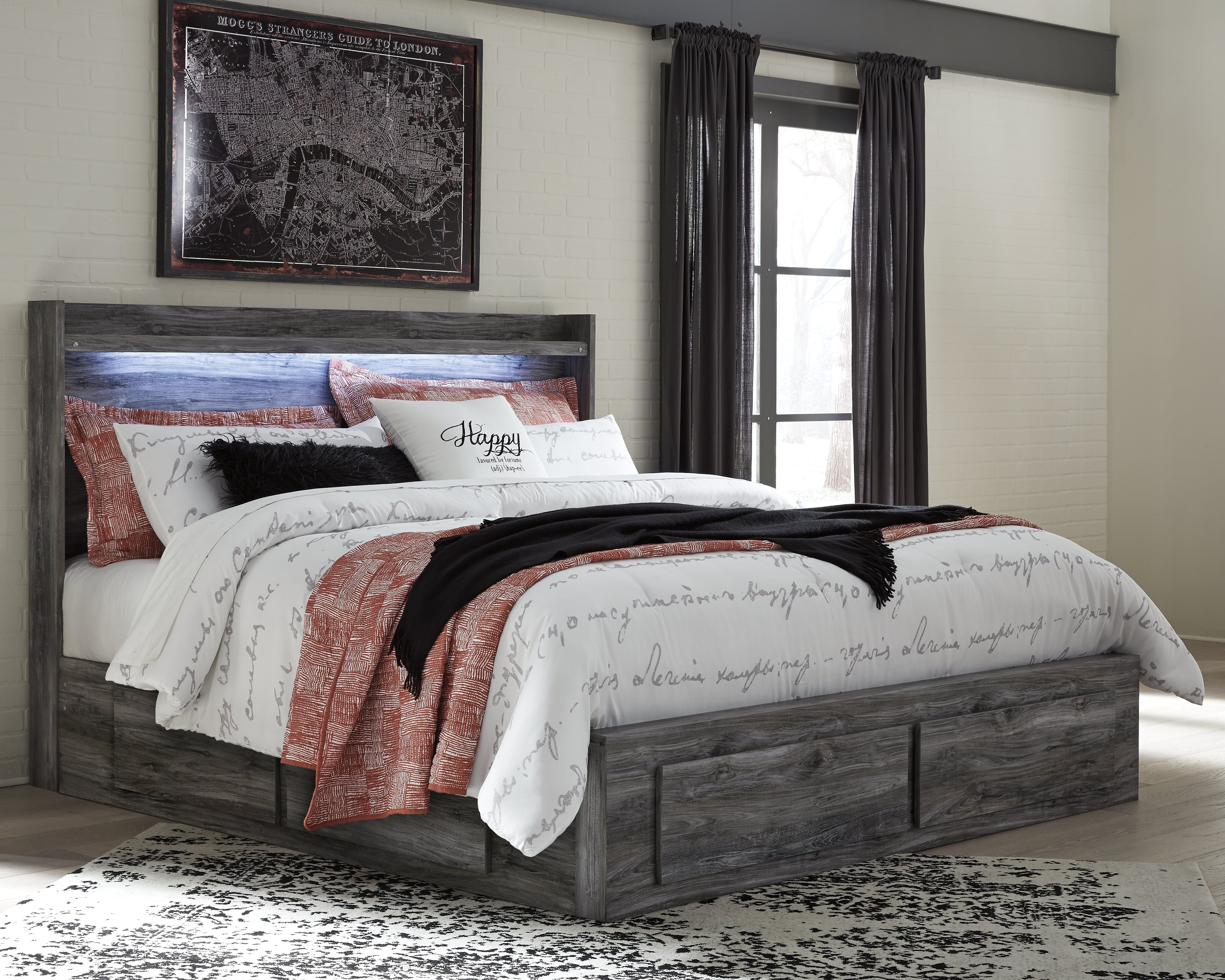 Fine Furniture & Decor - Ashley Furniture - Baystorm Bedroom - King Panel Bed with 4 Storage Drawers / Gray - B221B15