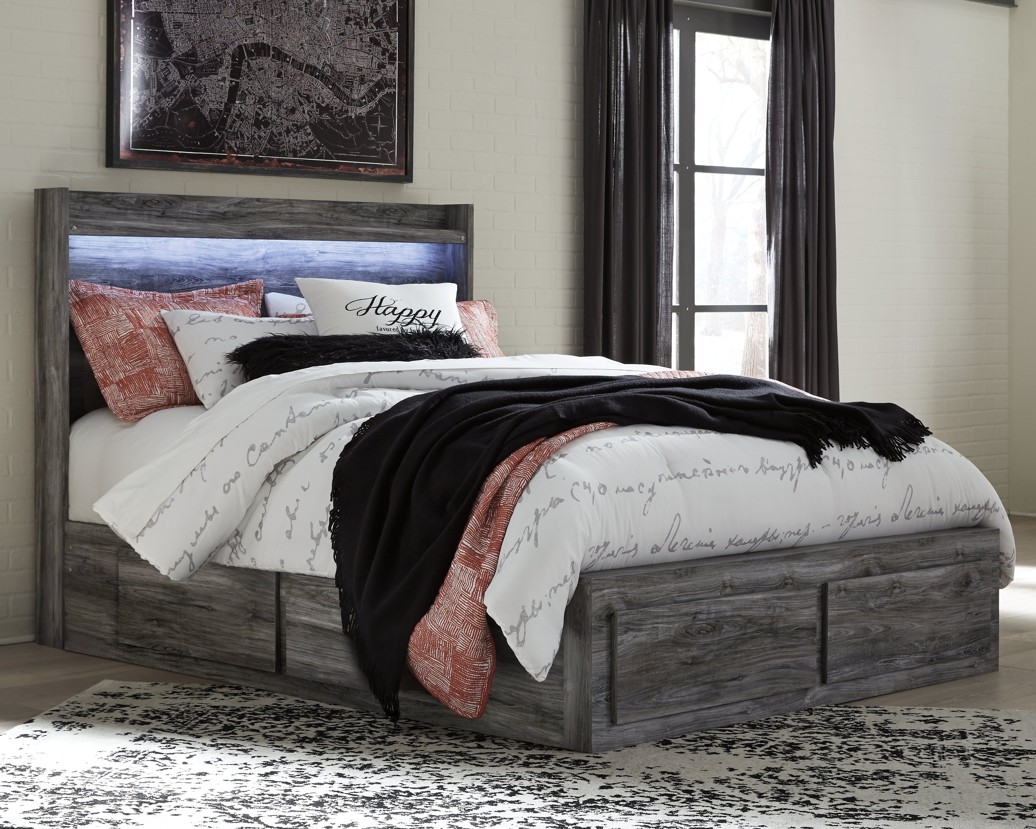 Fine Furniture & Decor - Ashley Furniture - Baystorm Bedroom - Queen Panel Bed with 4 Storage Drawers / Gray - B221B13