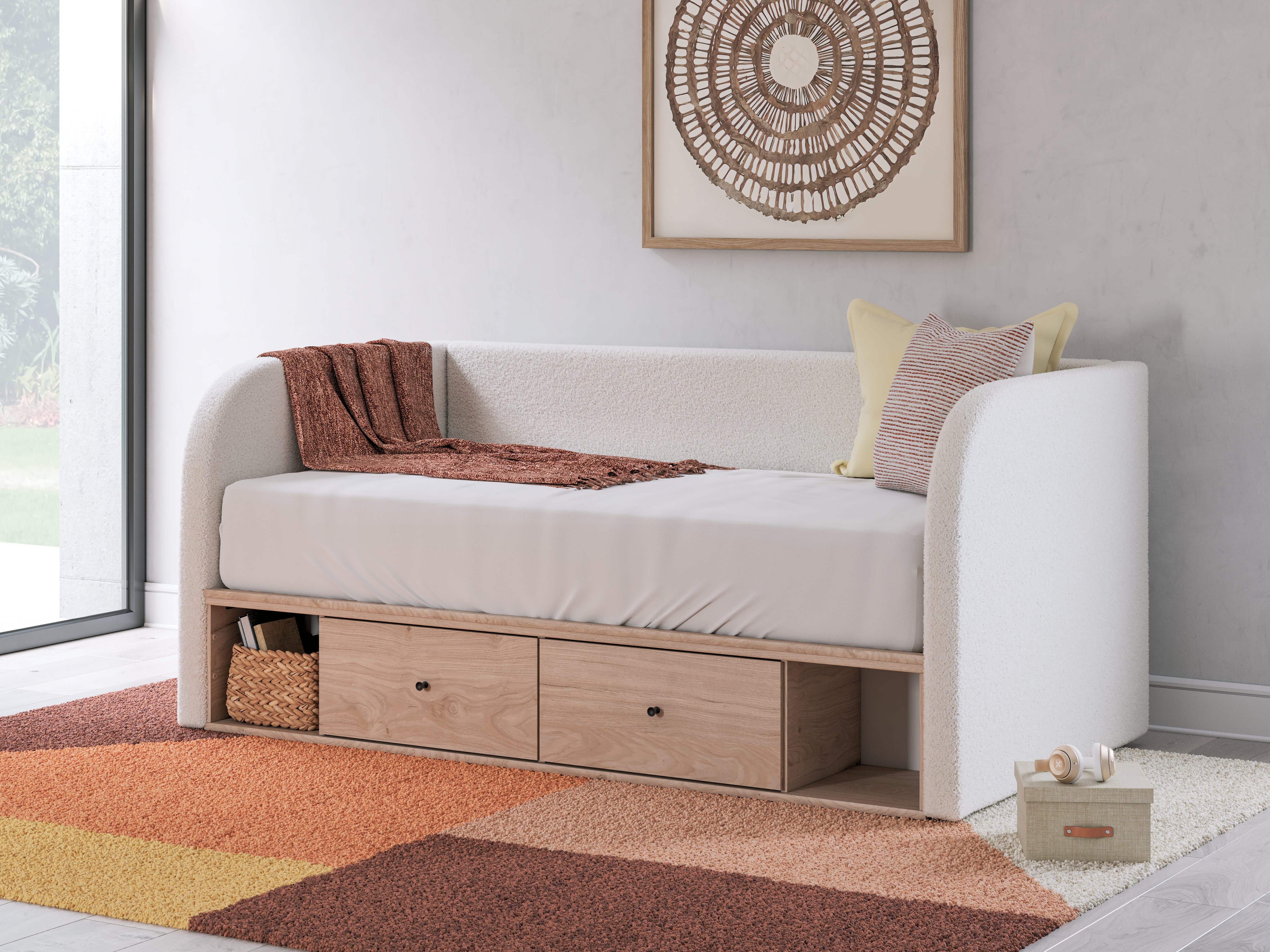 Fine Furniture & Decor - Ashley Furniture - Arloster Bedroom - Twin Upholstered Day Bed with Storage / Tan/White - PCB1566B9