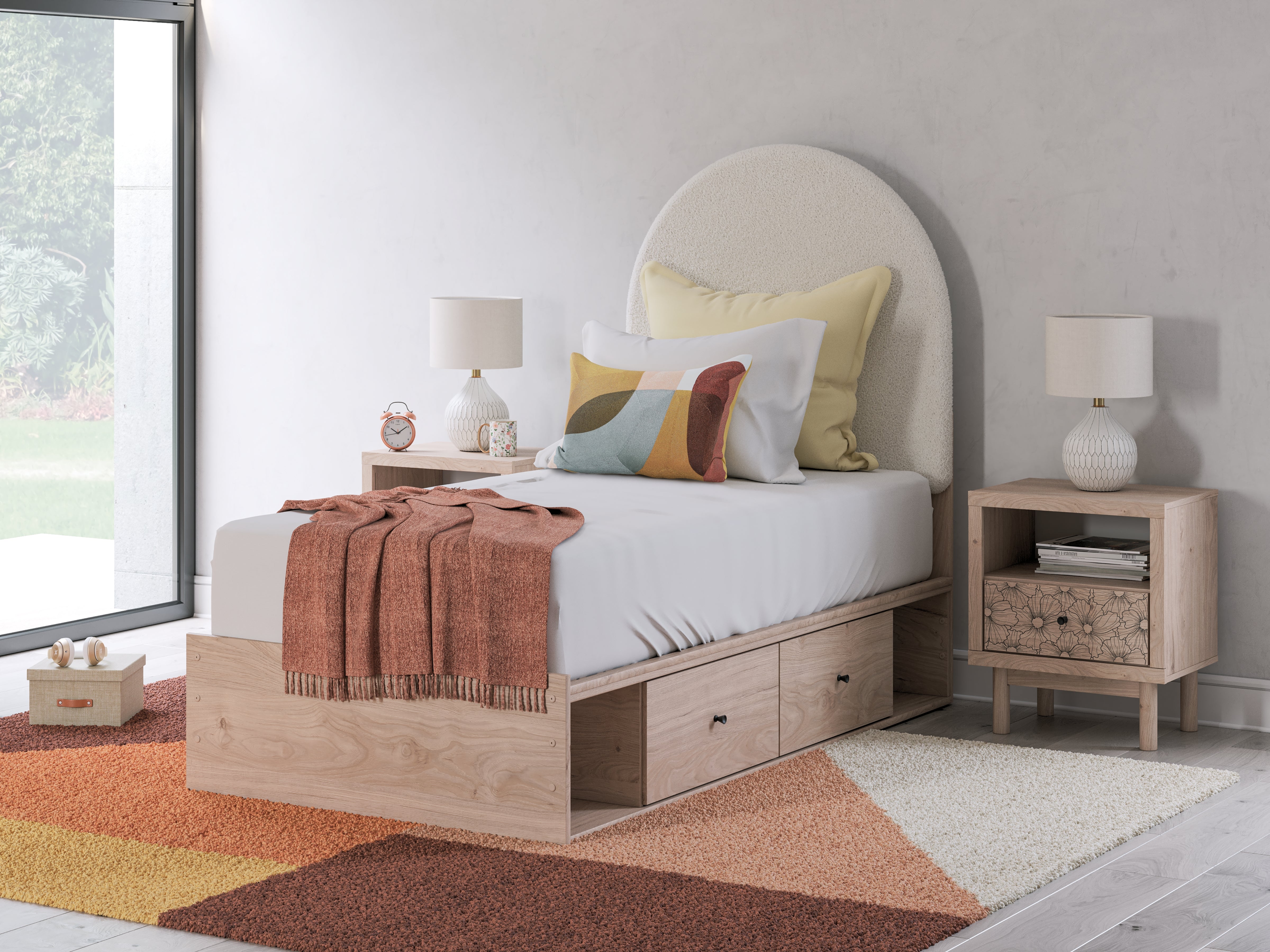 Fine Furniture & Decor - Ashley Furniture - Arloster Bedroom - Twin Upholstered Panel Bed with Storage / Tan/White - PCB1566B6