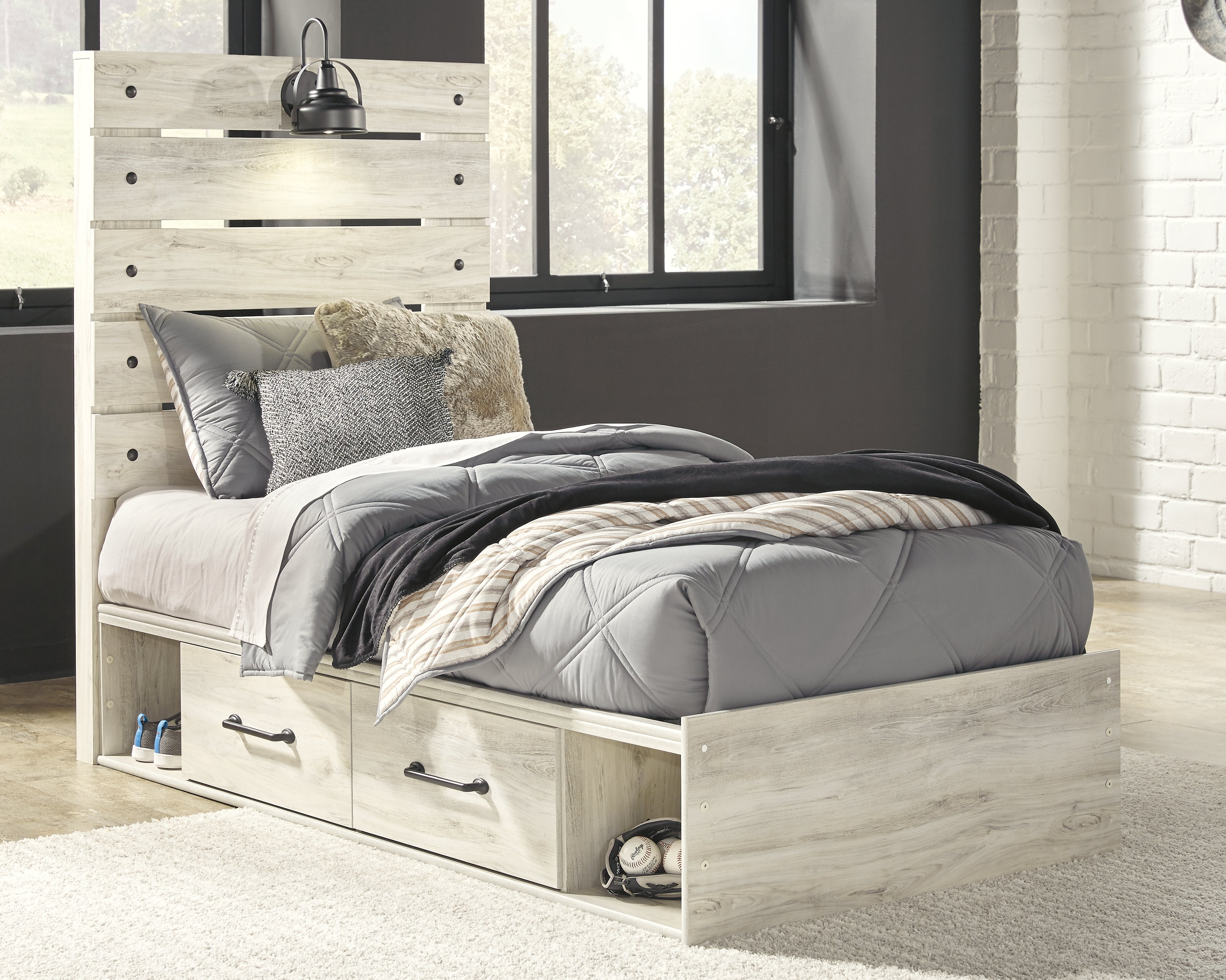 Fine Furniture & Decor - Ashley Furniture - Cambeck Bedroom - Twin Panel Bed with 4 Storage Drawers / Whitewash - B192B21