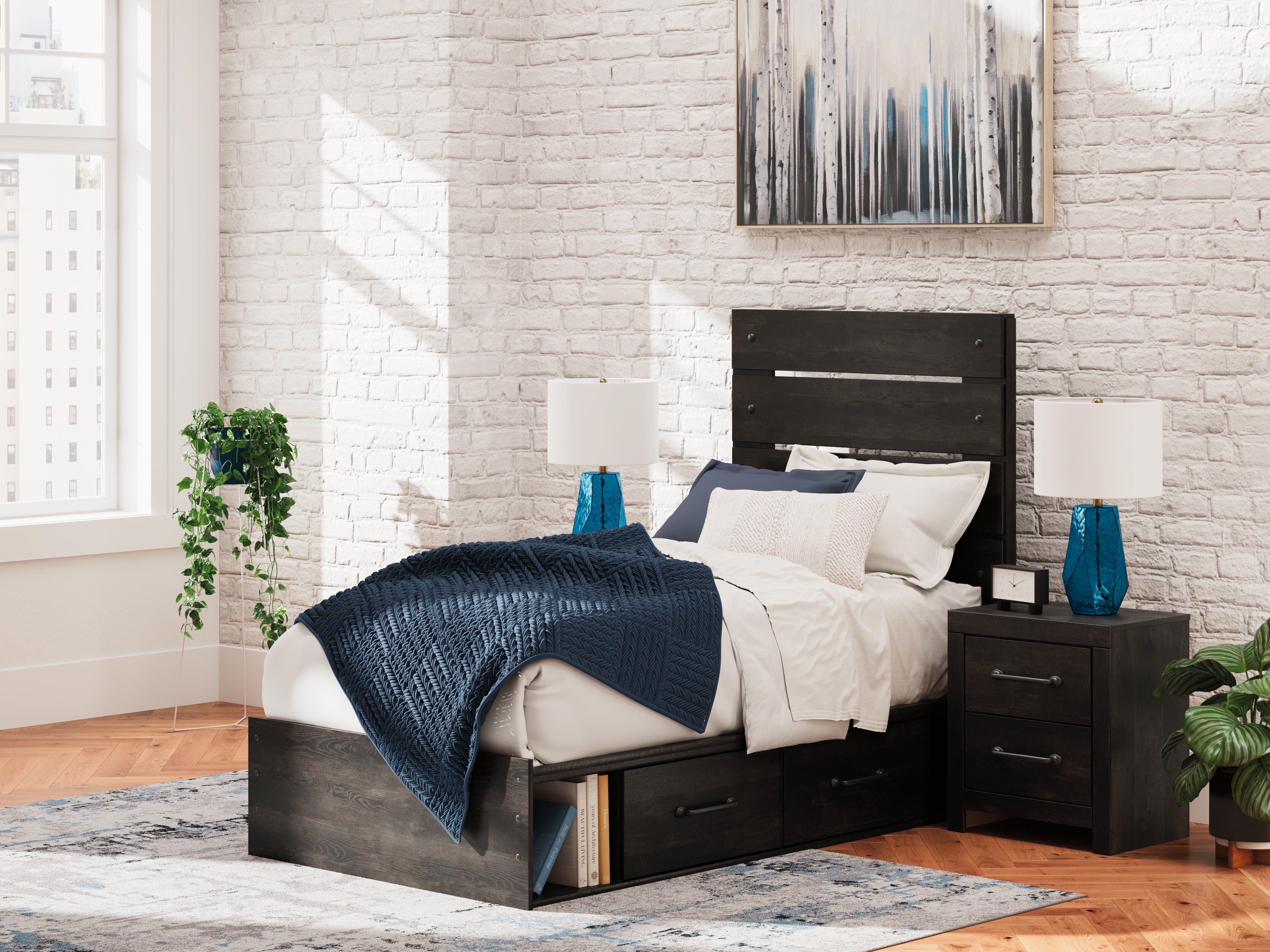 Fine Furniture & Decor - Ashley Furniture - Hollivern Bedroom - Twin Panel Bed with Storage / Dark Gray - PCB2108B18