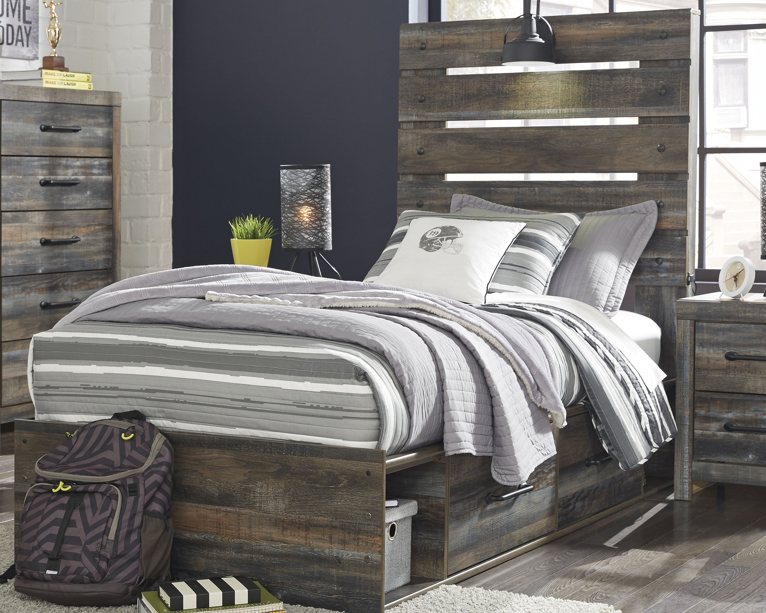 Fine Furniture & Decor - Ashley Furniture - Drystan Bedroom - Twin Panel Bed with 4 Storage Drawers / Multi - B211B11