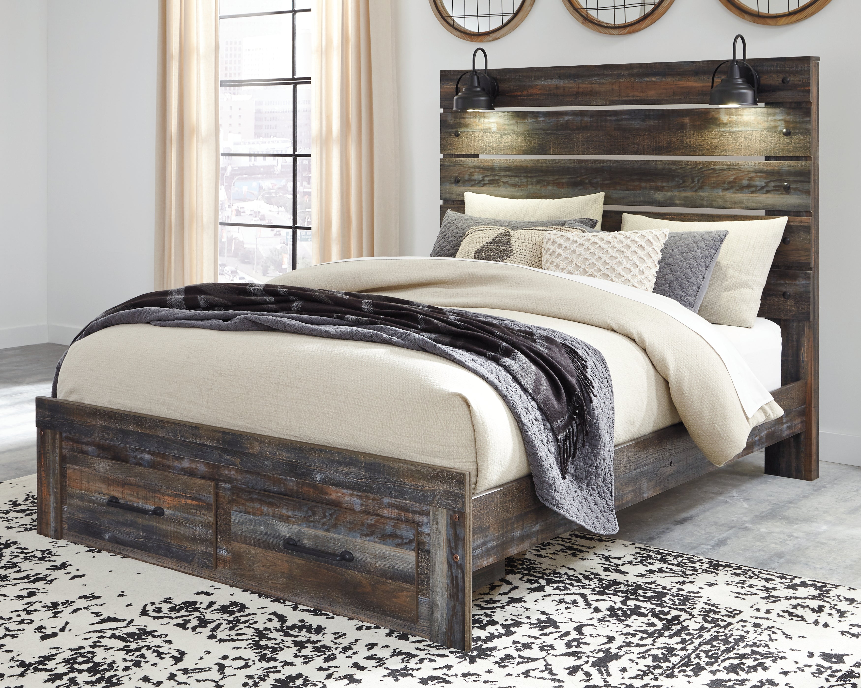 Fine Furniture & Decor - Ashley Furniture - Drystan Bedroom - Queen Panel Bed with 2 Storage Drawers / Multi - B211B29