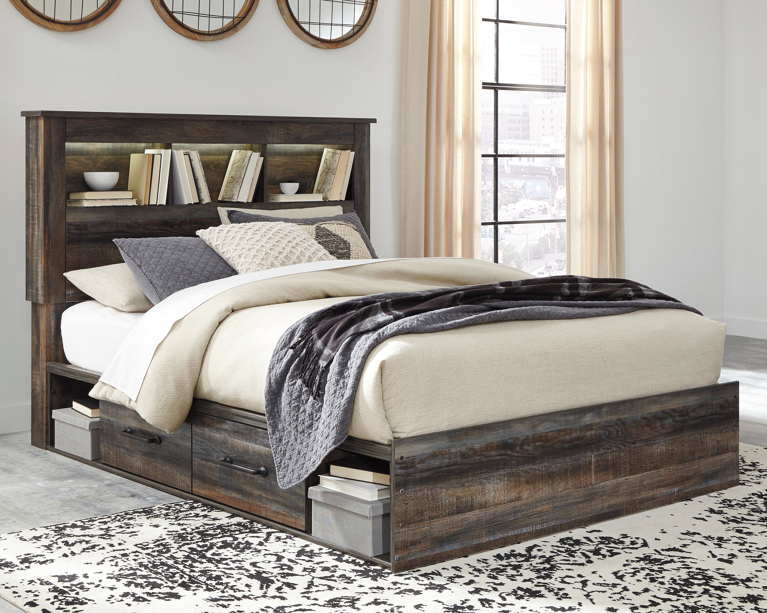 Fine Furniture & Decor - Ashley Furniture - Drystan Bedroom - Queen Bookcase Bed with 4 Storage Drawers / Multi - B211B18
