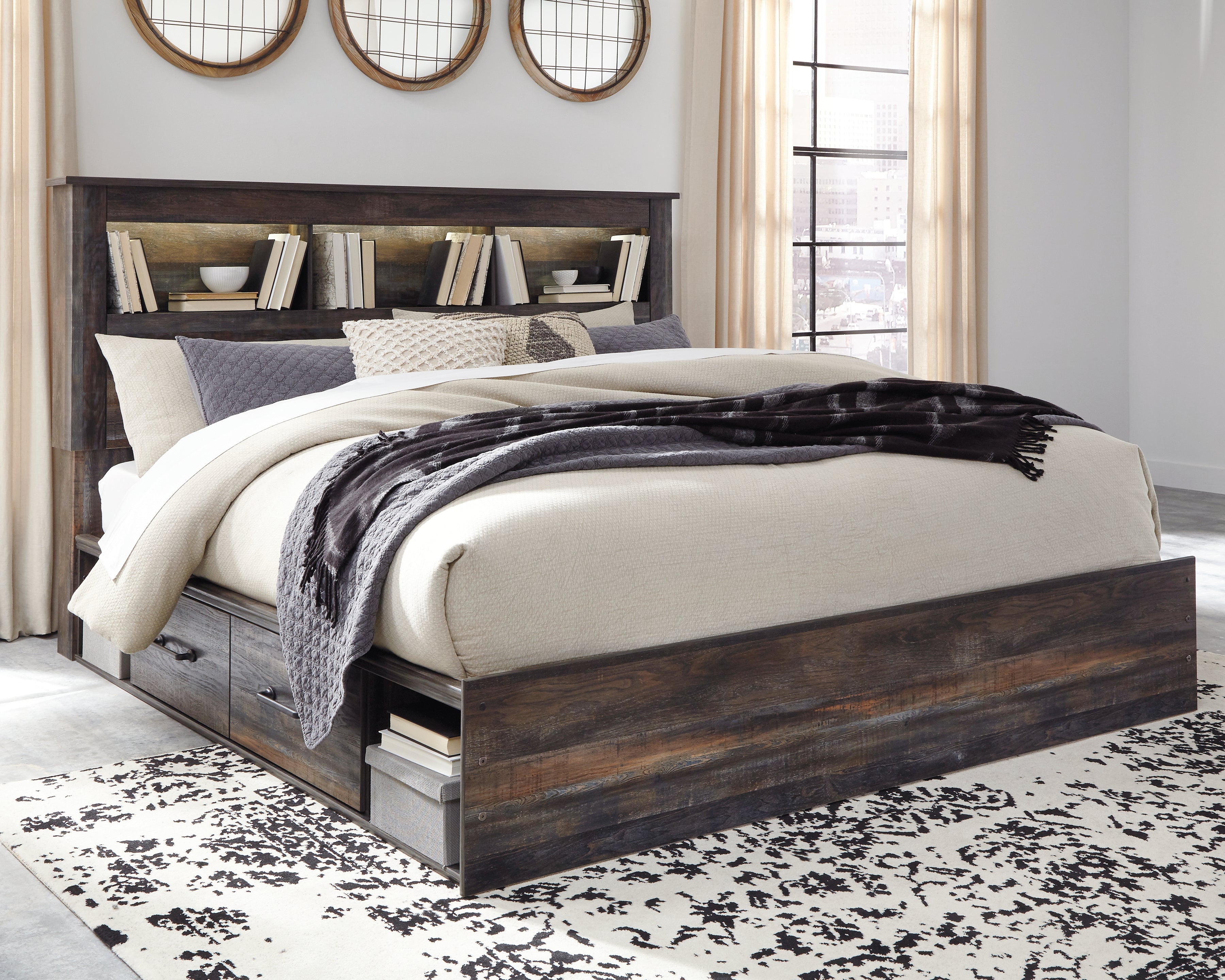 Fine Furniture & Decor - Ashley Furniture - Drystan Bedroom - King Bookcase Bed with 2 Storage Drawers / Multi - B211B51