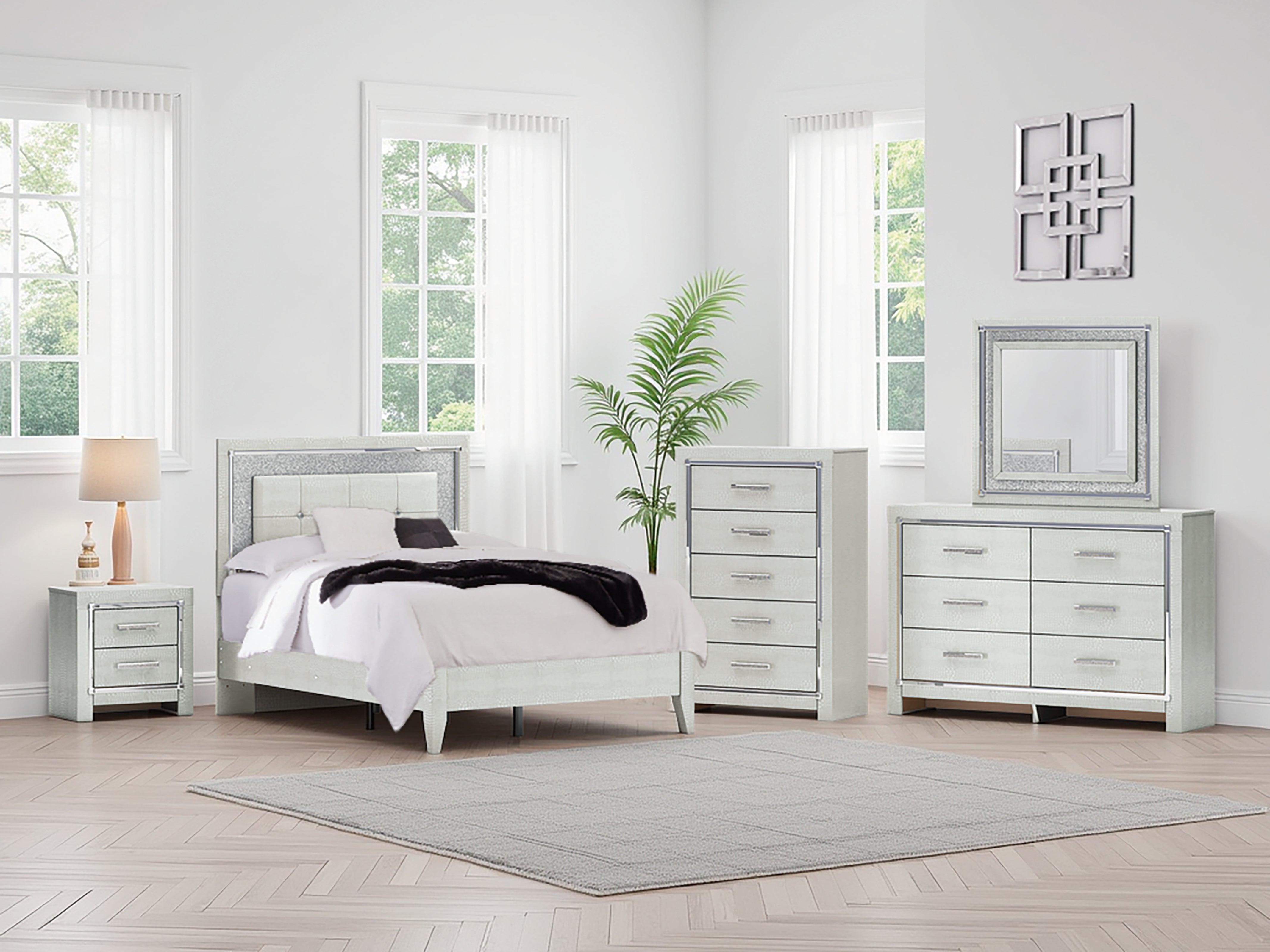 Fine Furniture & Decor - Ashley Furniture - Zyniden Bedroom - Full Upholstered Panel Bed / Silver - B2114B4