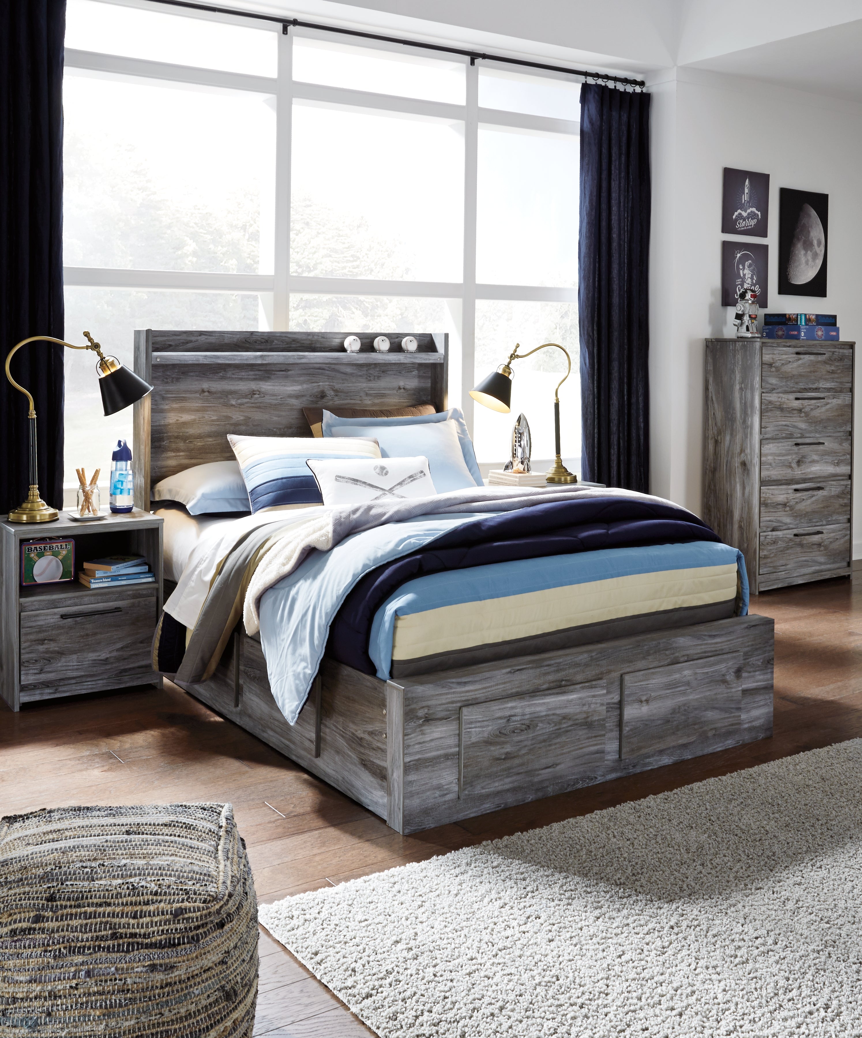 Fine Furniture & Decor - Ashley Furniture - Baystorm Bedroom - Full Panel Bed with 6 Storage Drawers / Gray - B221B27