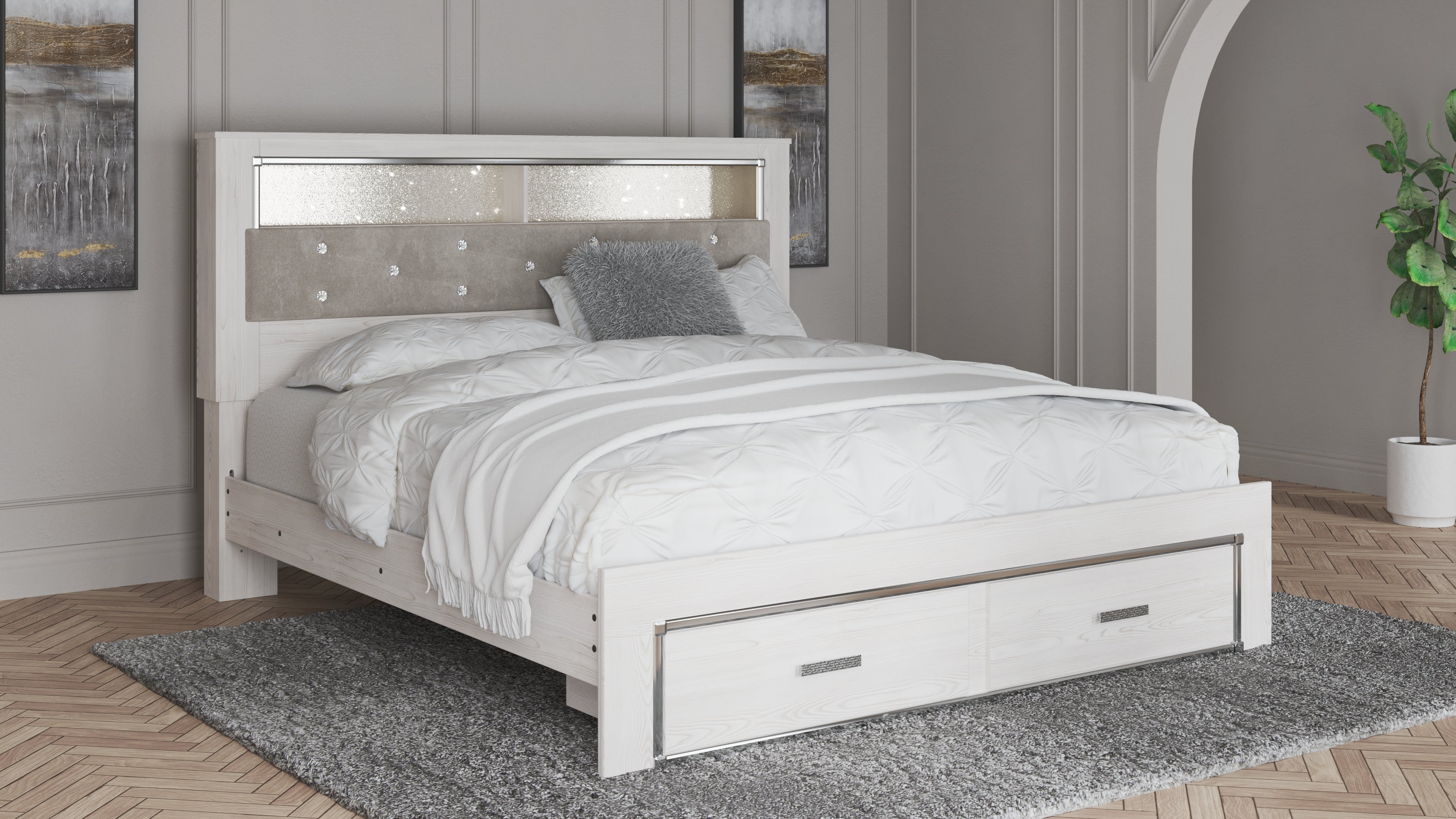 Fine Furniture & Decor - Ashley Furniture - Altyra Bedroom - King Upholstered Bookcase Bed with Storage / White - B2640B30