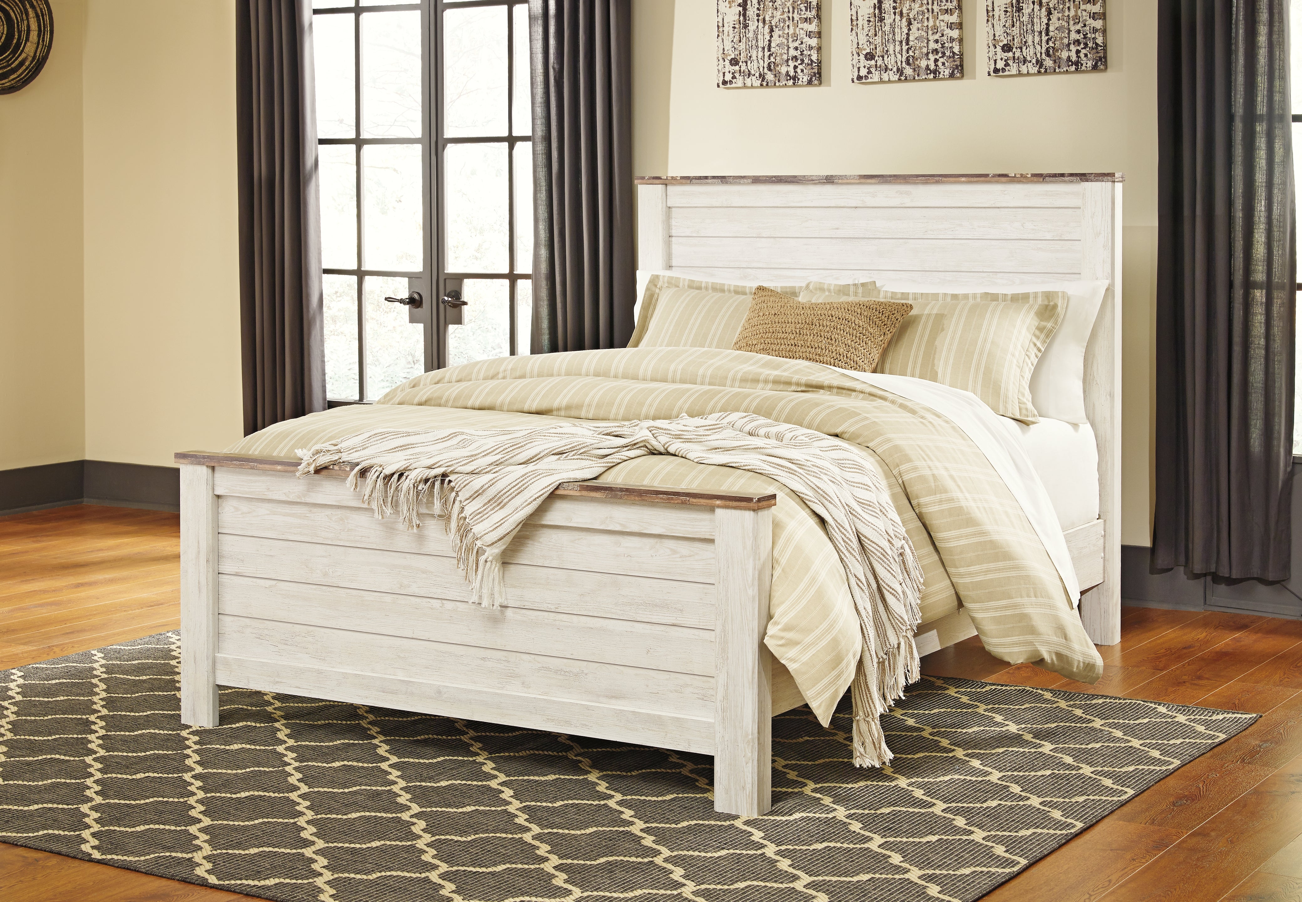 Fine Furniture & Decor - Ashley Furniture - Willowton Bedroom - King Panel Bed / Whitewash - B267B10