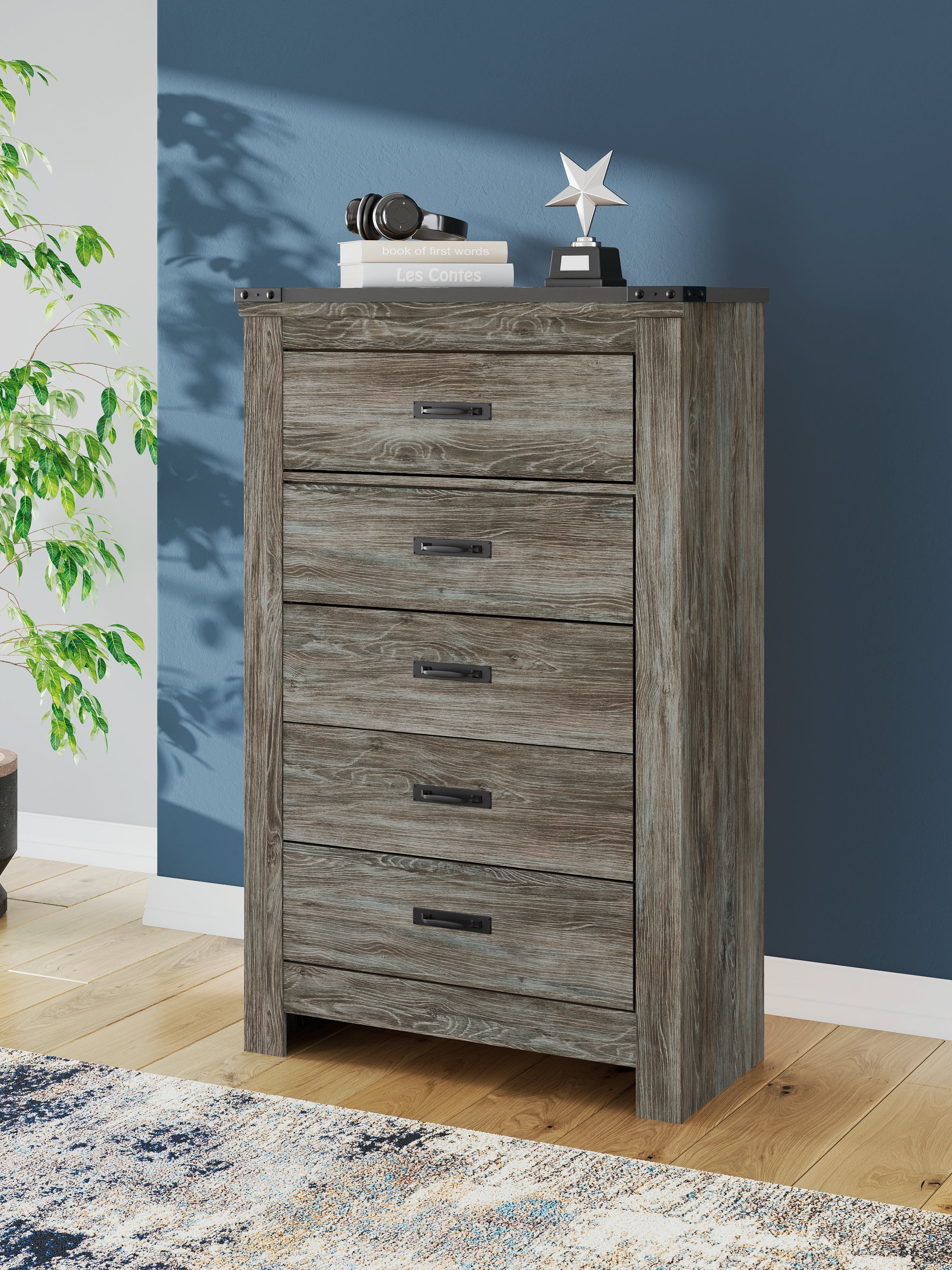 Fine Furniture & Decor - Ashley Furniture - Frandern Bedroom - Five Drawer Chest / Gray - B4480-46