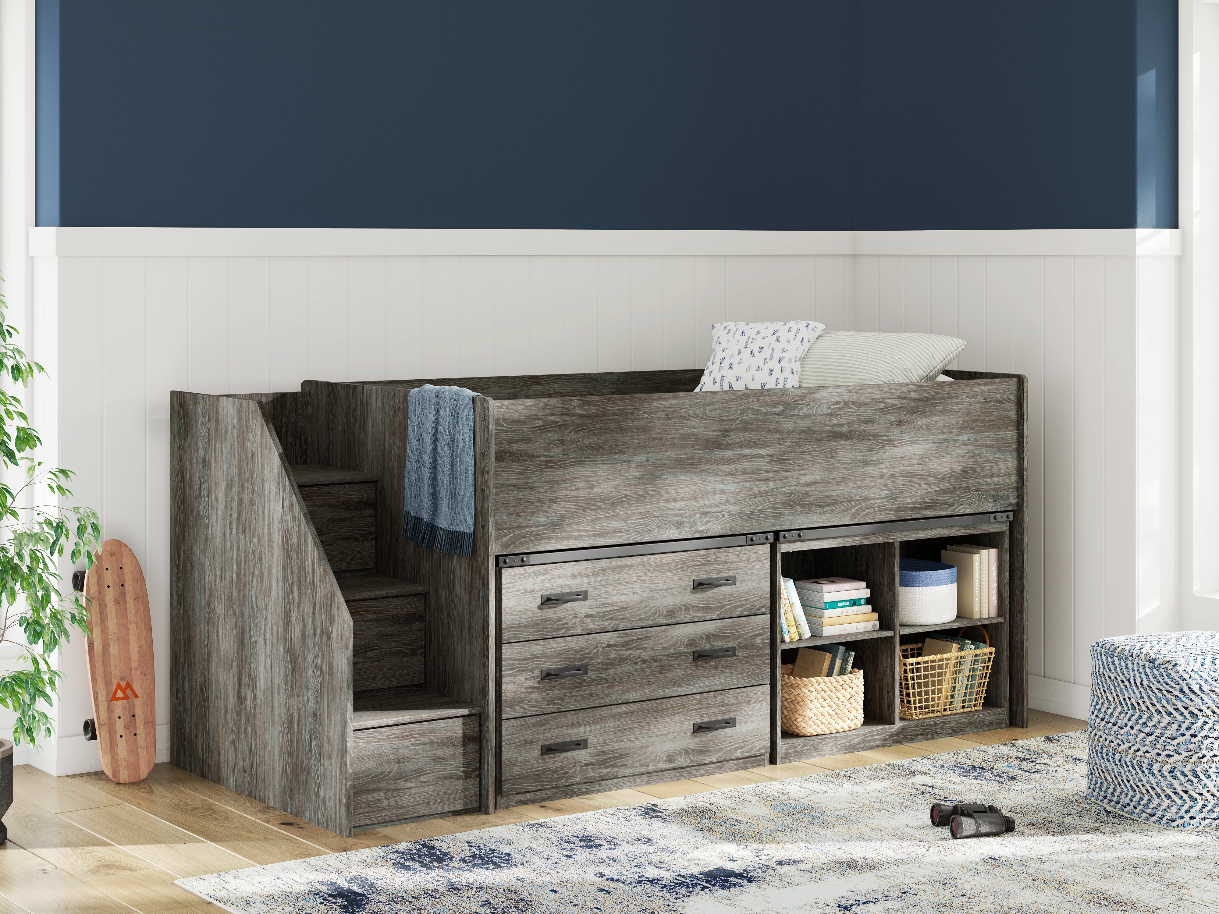 Fine Furniture & Decor - Ashley Furniture - Frandern Bedroom - Twin Loft  Bed with Bookcase and Drawer Storage / Gray - B4480B16