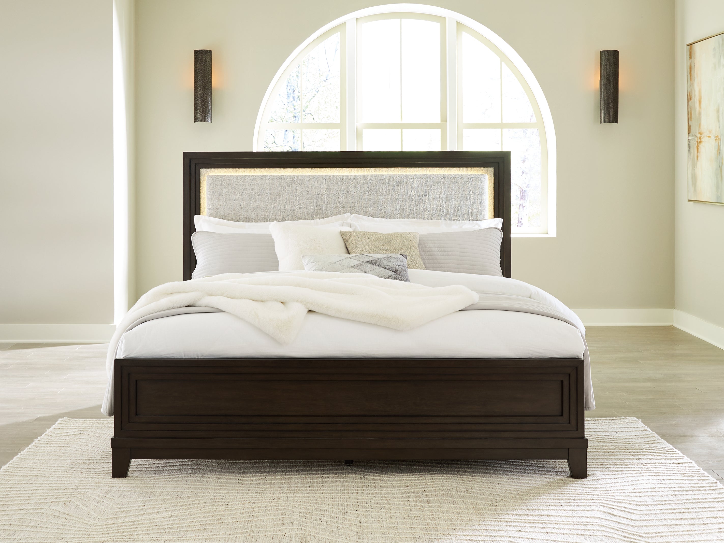 Fine Furniture & Decor - Ashley Furniture - Neymorton Bedroom - King Upholstered Panel Bed / Dark Grayish Brown - B618B4