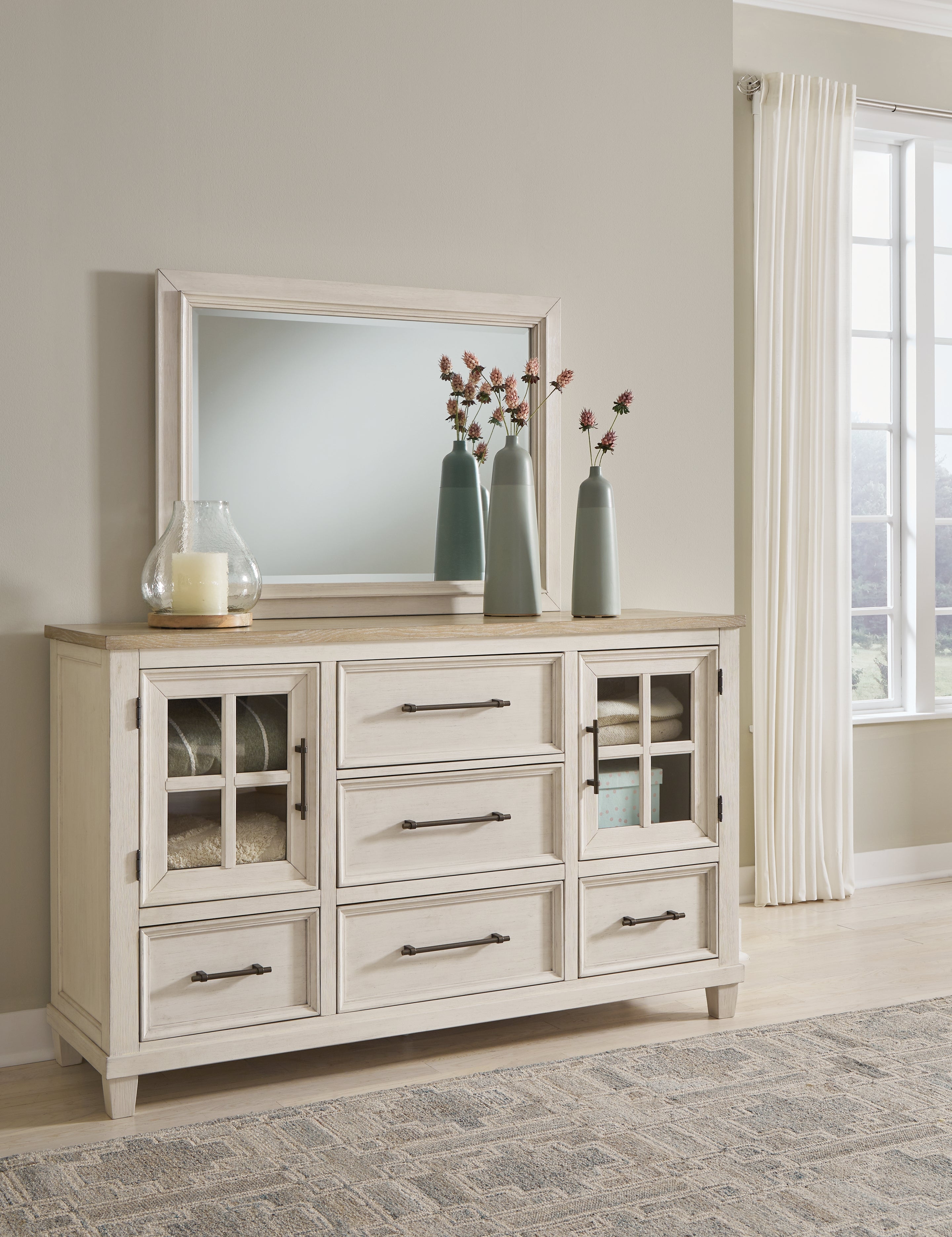Fine Furniture & Decor - Ashley Furniture - Shaybrock Bedroom - Dresser and Mirror / Antique White/Brown - B683B1