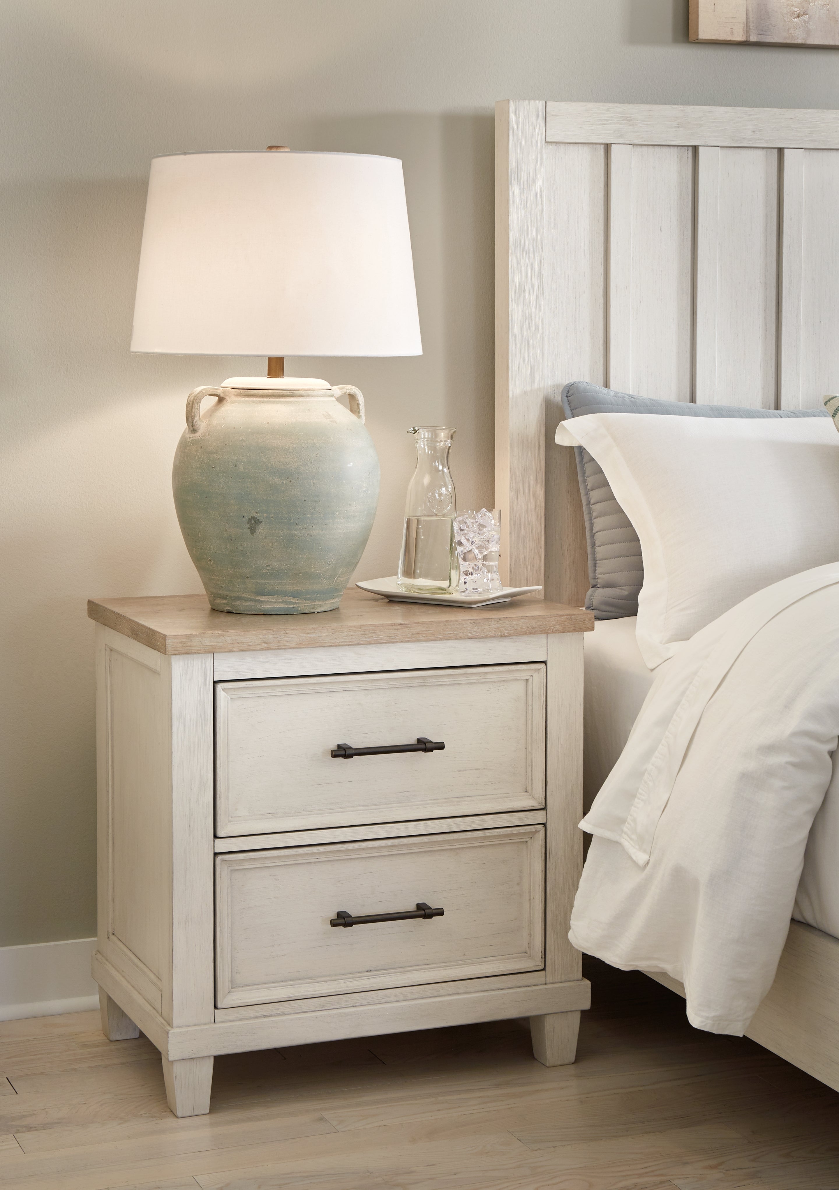Fine Furniture & Decor - Ashley Furniture - Shaybrock Bedroom - Two Drawer Night Stand / Antique White/Brown - B683-92