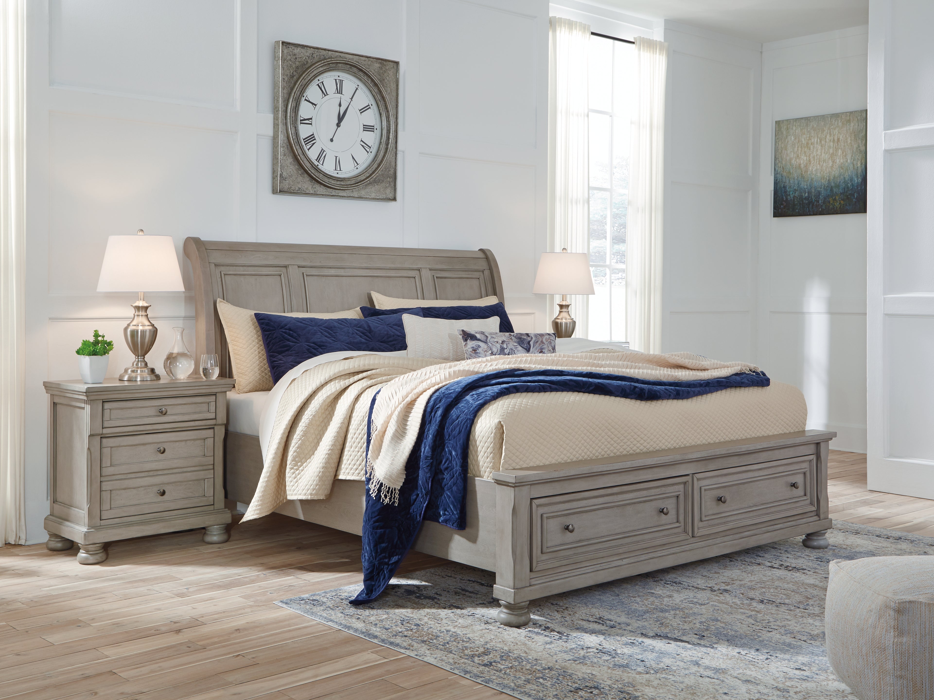 Fine Furniture & Decor - Ashley Furniture - Lettner Bedroom - Queen Sleigh Bed with 2 Storage Drawers / Light Gray - B733B3