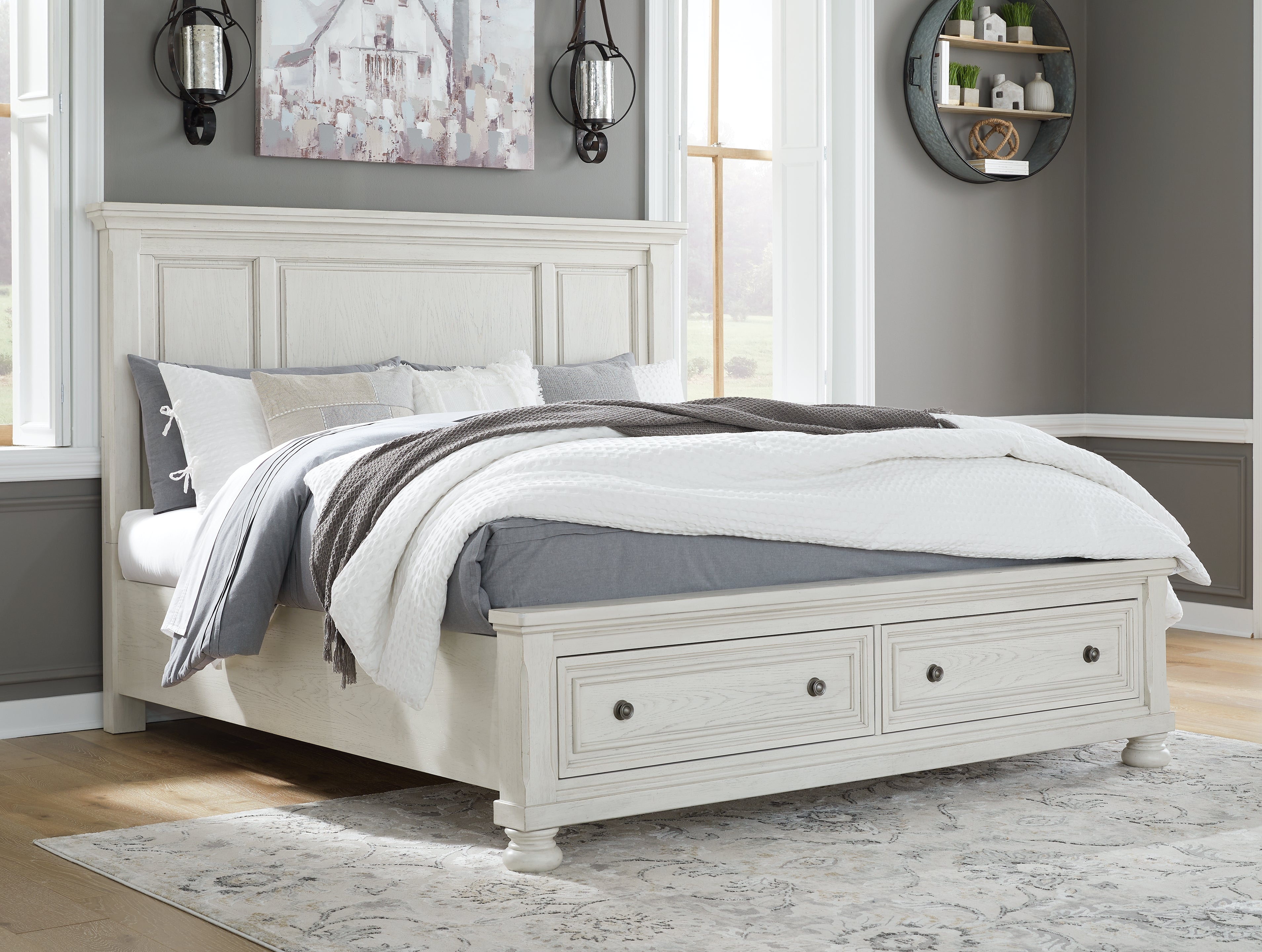 Fine Furniture & Decor - Ashley Furniture - Robbinsdale Bedroom - King Panel Storage Bed / Antique White - B742B25