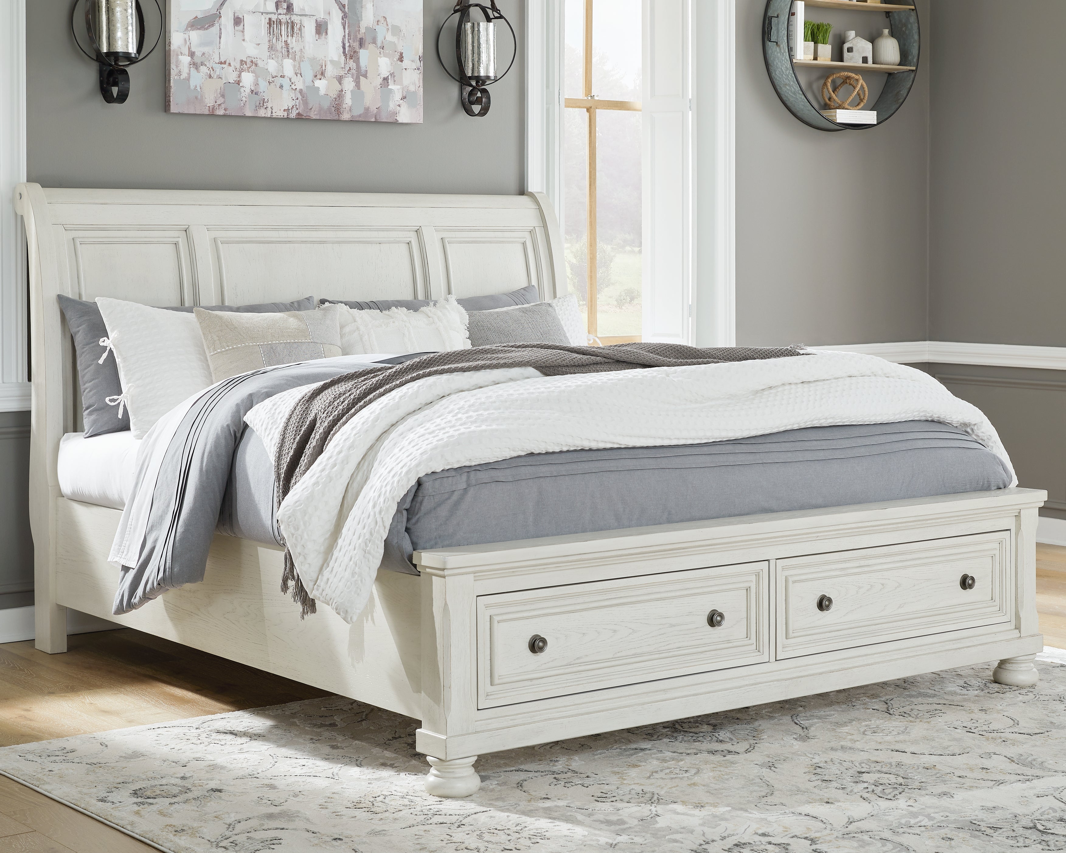 Fine Furniture & Decor - Ashley Furniture - Robbinsdale Bedroom - Queen Sleigh Bed with Storage / Antique White - B742B3