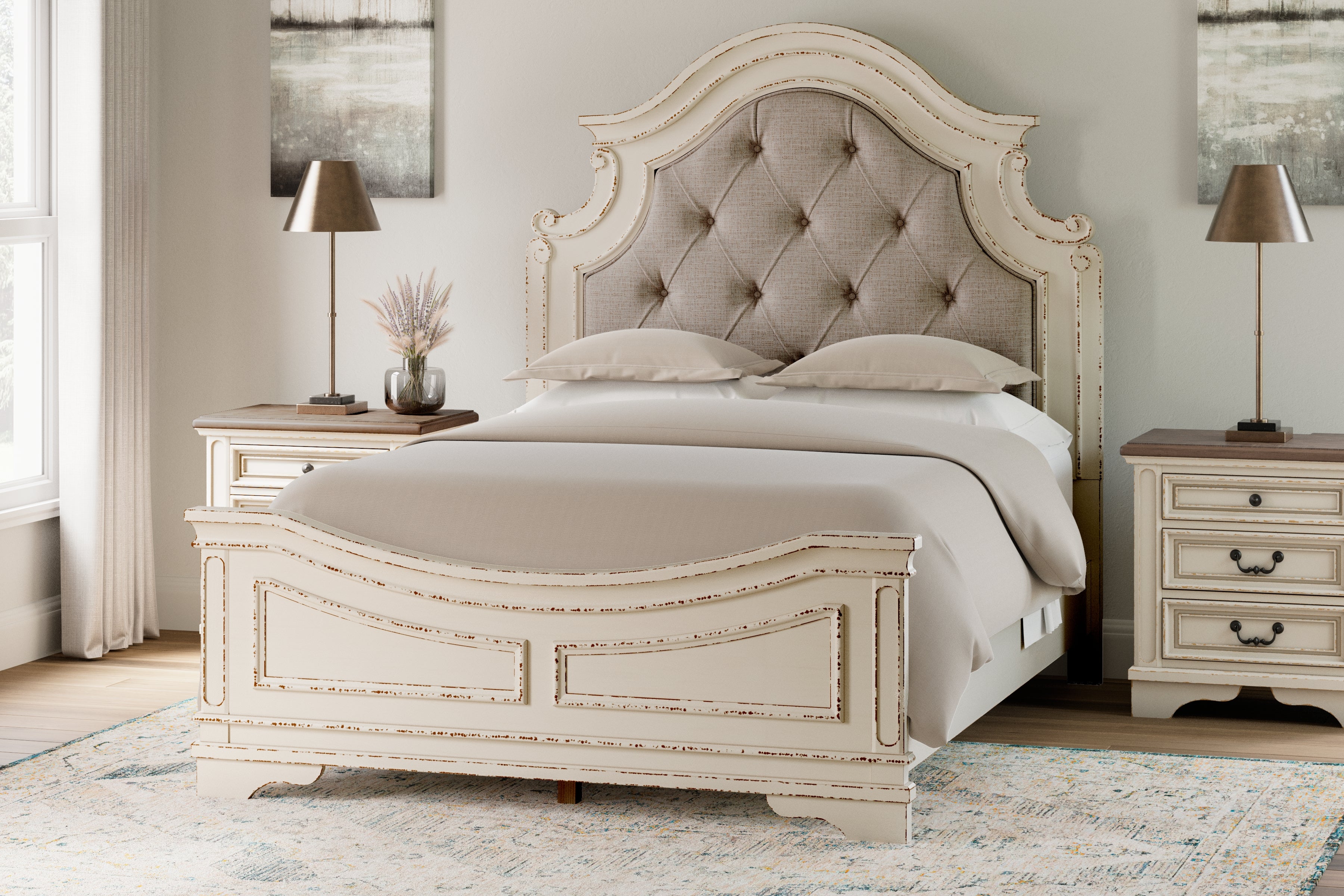 Fine Furniture & Decor - Ashley Furniture - Realyn Bedroom - Queen Upholstered Panel Bed / Chipped White - B743B2