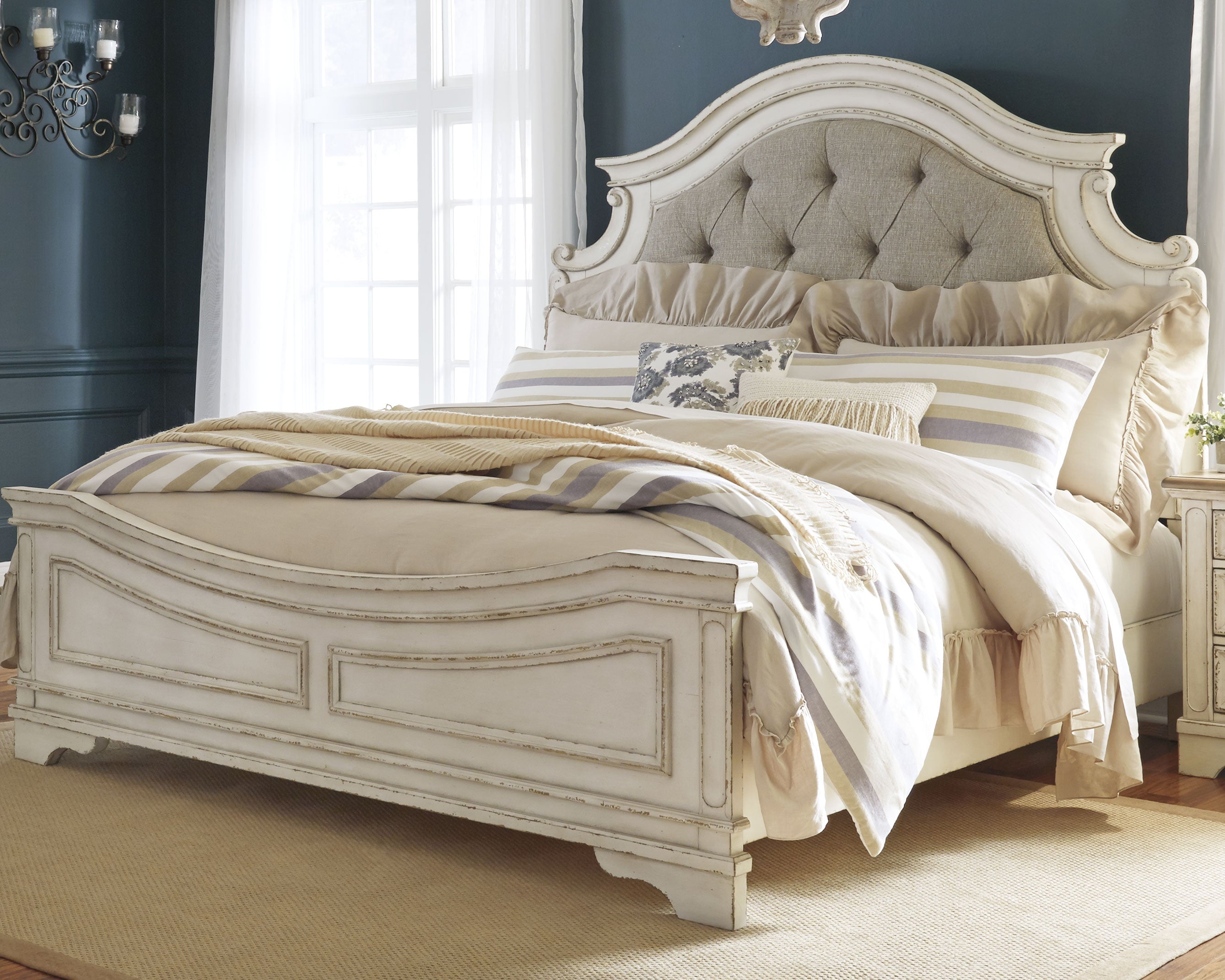 Fine Furniture & Decor - Ashley Furniture - Realyn Bedroom - King Upholstered Panel Bed / Chipped White - B743B6