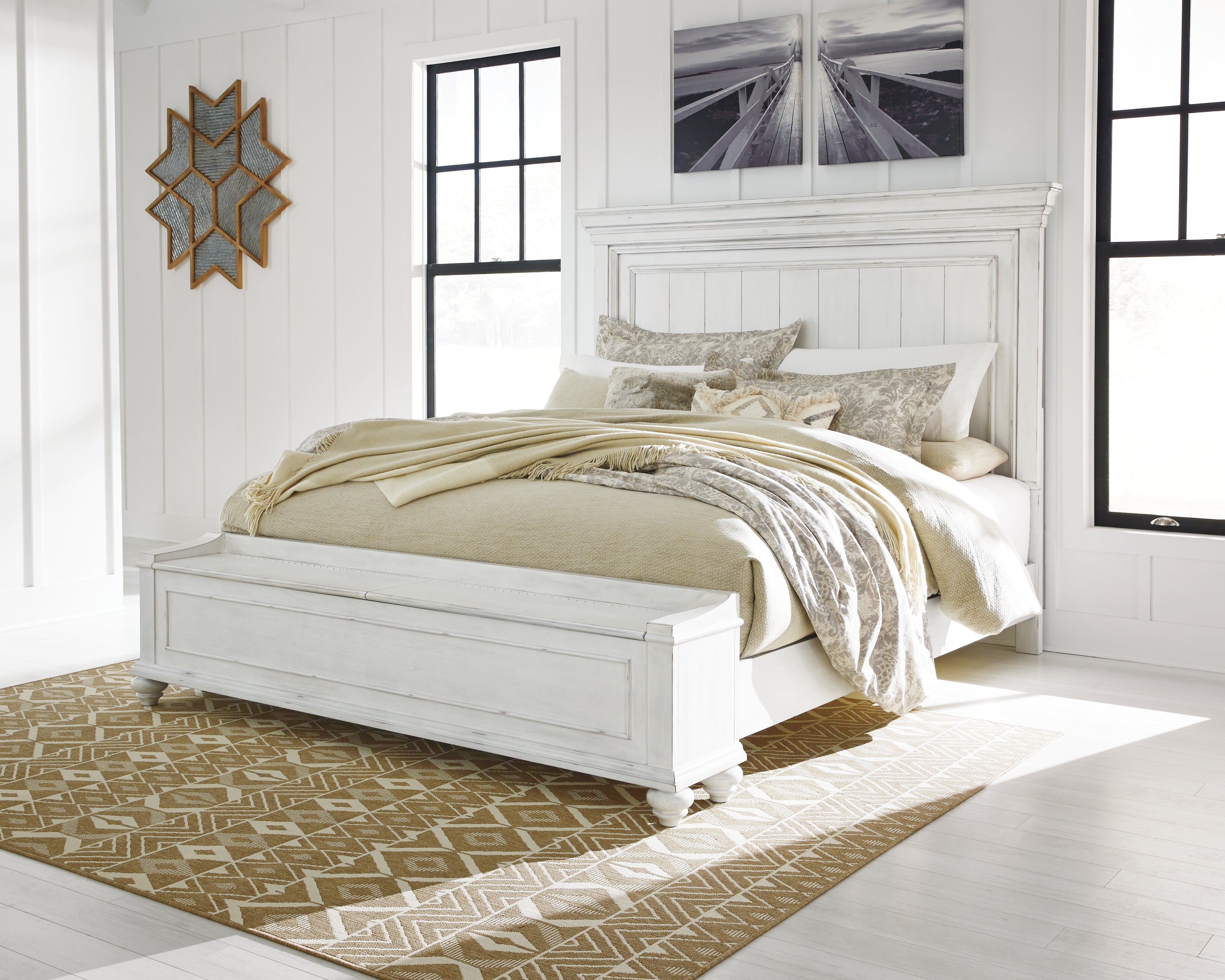Fine Furniture & Decor - Ashley Furniture - Kanwyn Bedroom - Queen Panel Bed with Storage Bench / Whitewash - B777B6