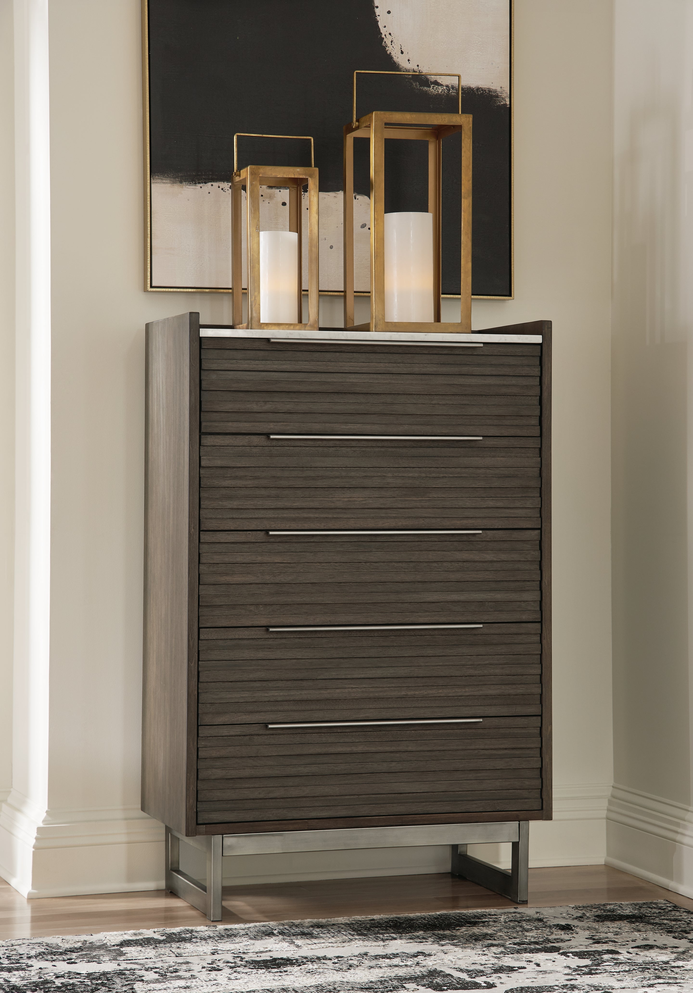 Fine Furniture & Decor - Ashley Furniture - Arkenton Bedroom - Five Drawer Chest / Grayish Brown/White - B786-46