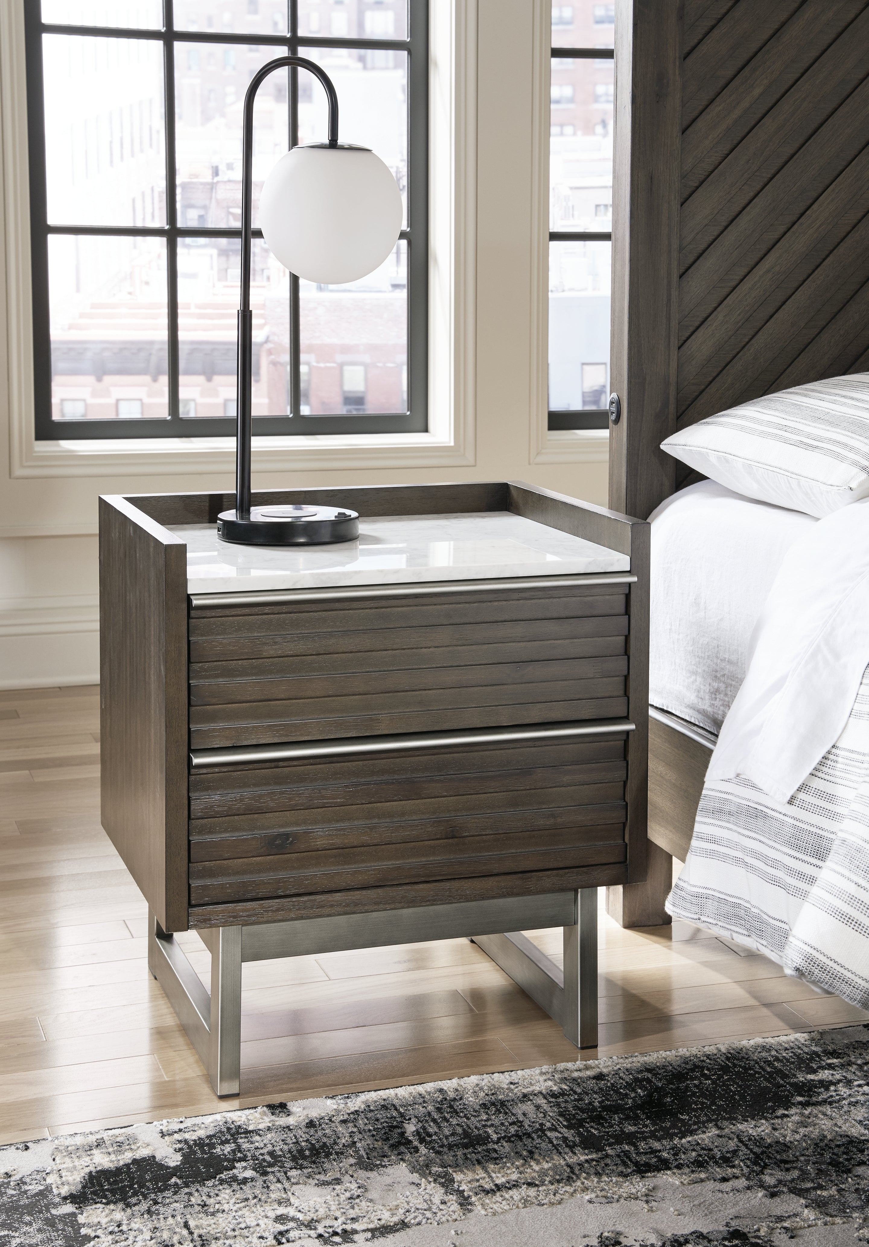 Fine Furniture & Decor - Ashley Furniture - Arkenton Bedroom - Two Drawer Night Stand / Grayish Brown/White - B786-92