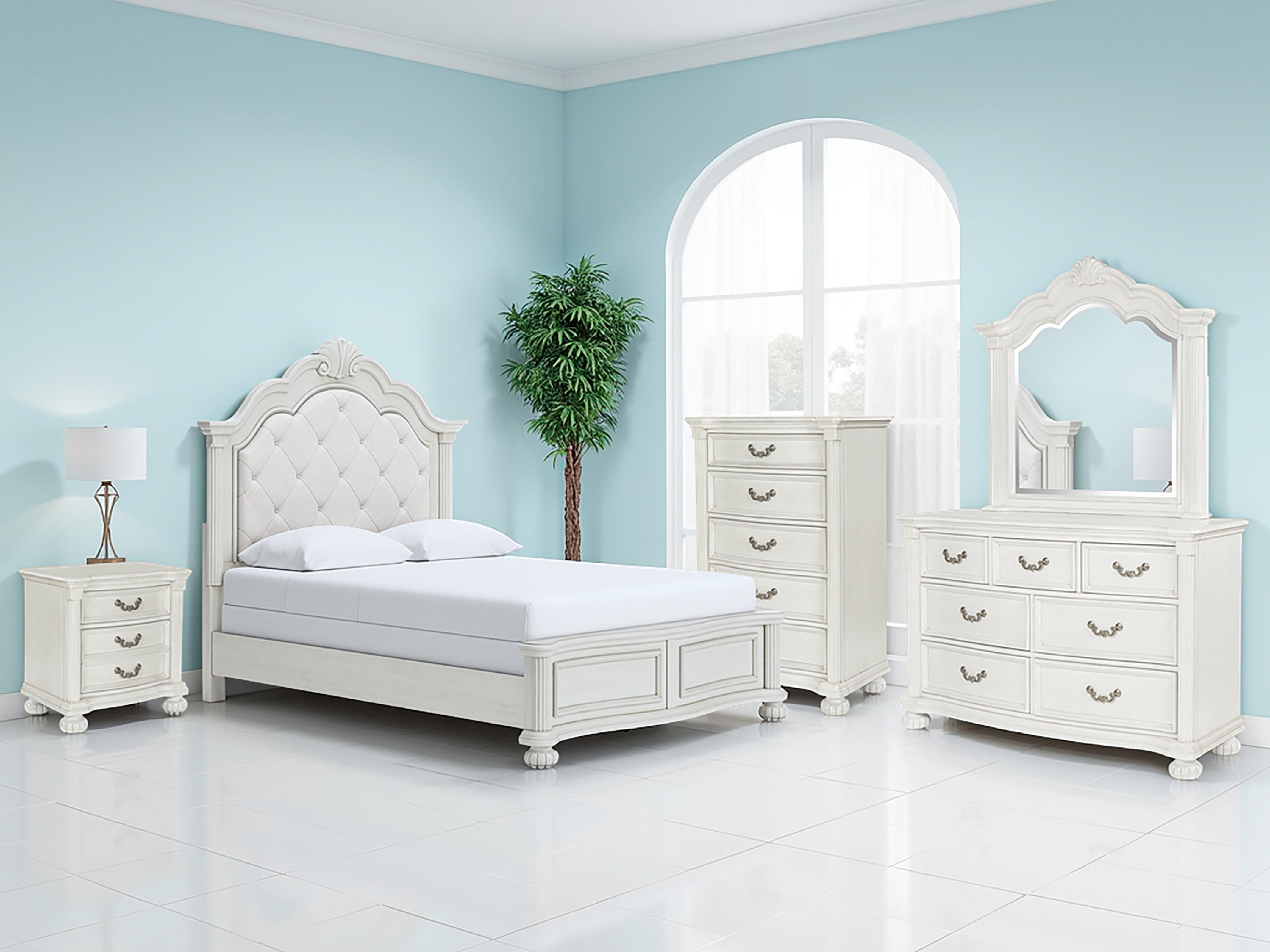 Fine Furniture & Decor - Ashley Furniture - Montelaine Bedroom - Queen Upholstered Panel Bed / Antique White - B795B2