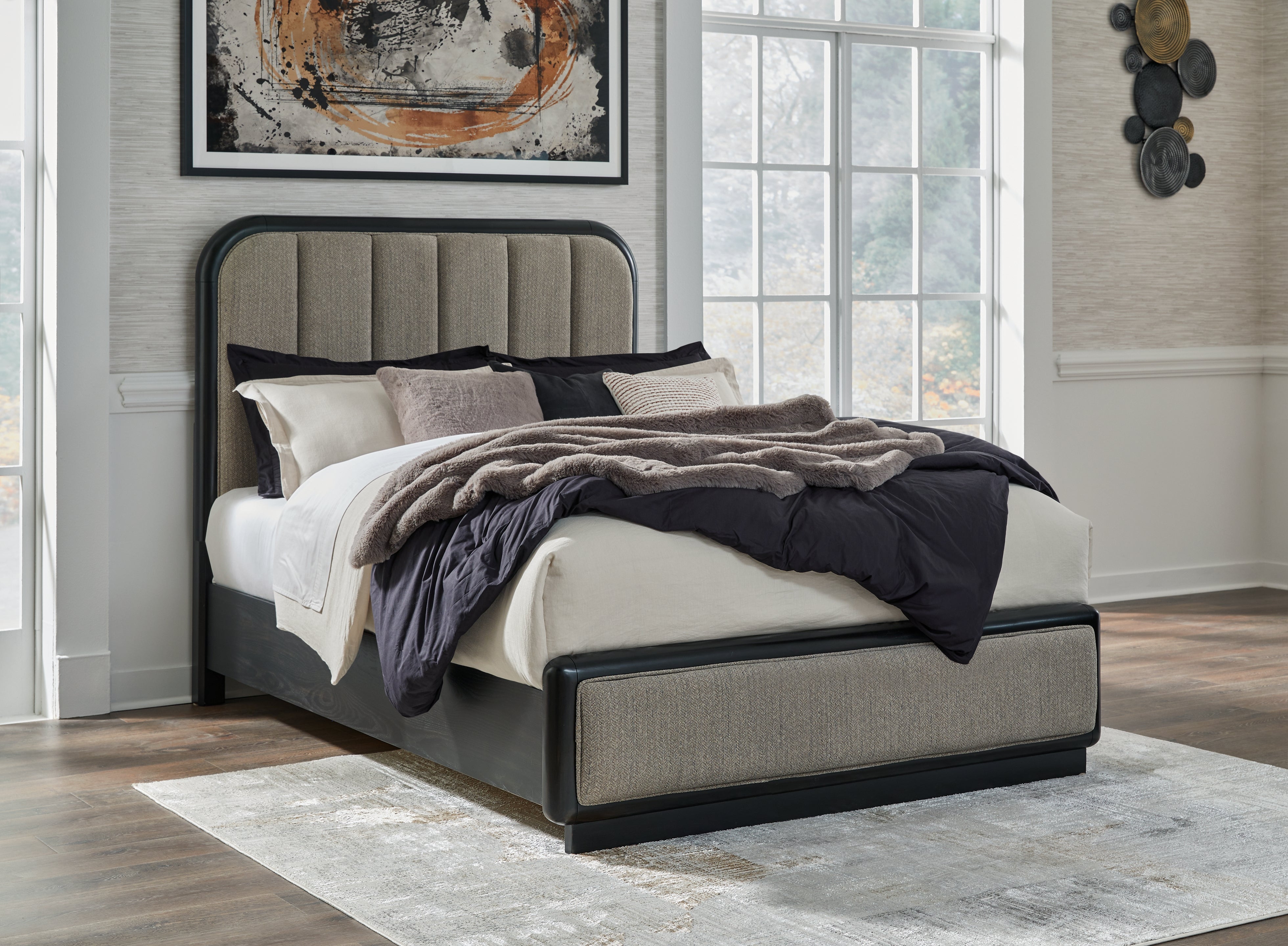 Fine Furniture & Decor - Ashley Furniture - Rowanbeck Bedroom - Queen Upholstered Panel Bed / Gray/Black - B821B2
