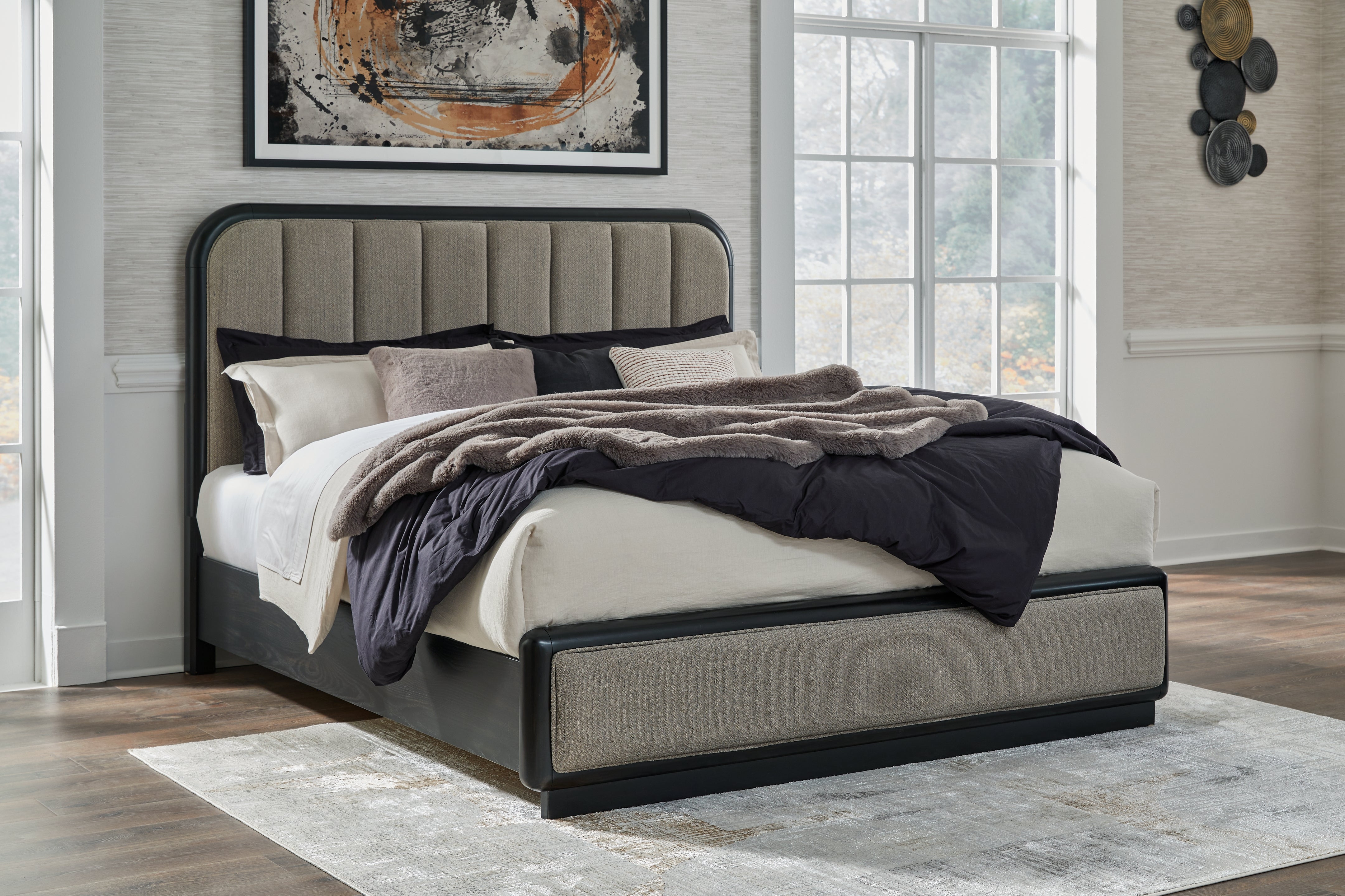 Fine Furniture & Decor - Ashley Furniture - Rowanbeck Bedroom - King Upholstered Panel Bed / Gray/Black - B821B4