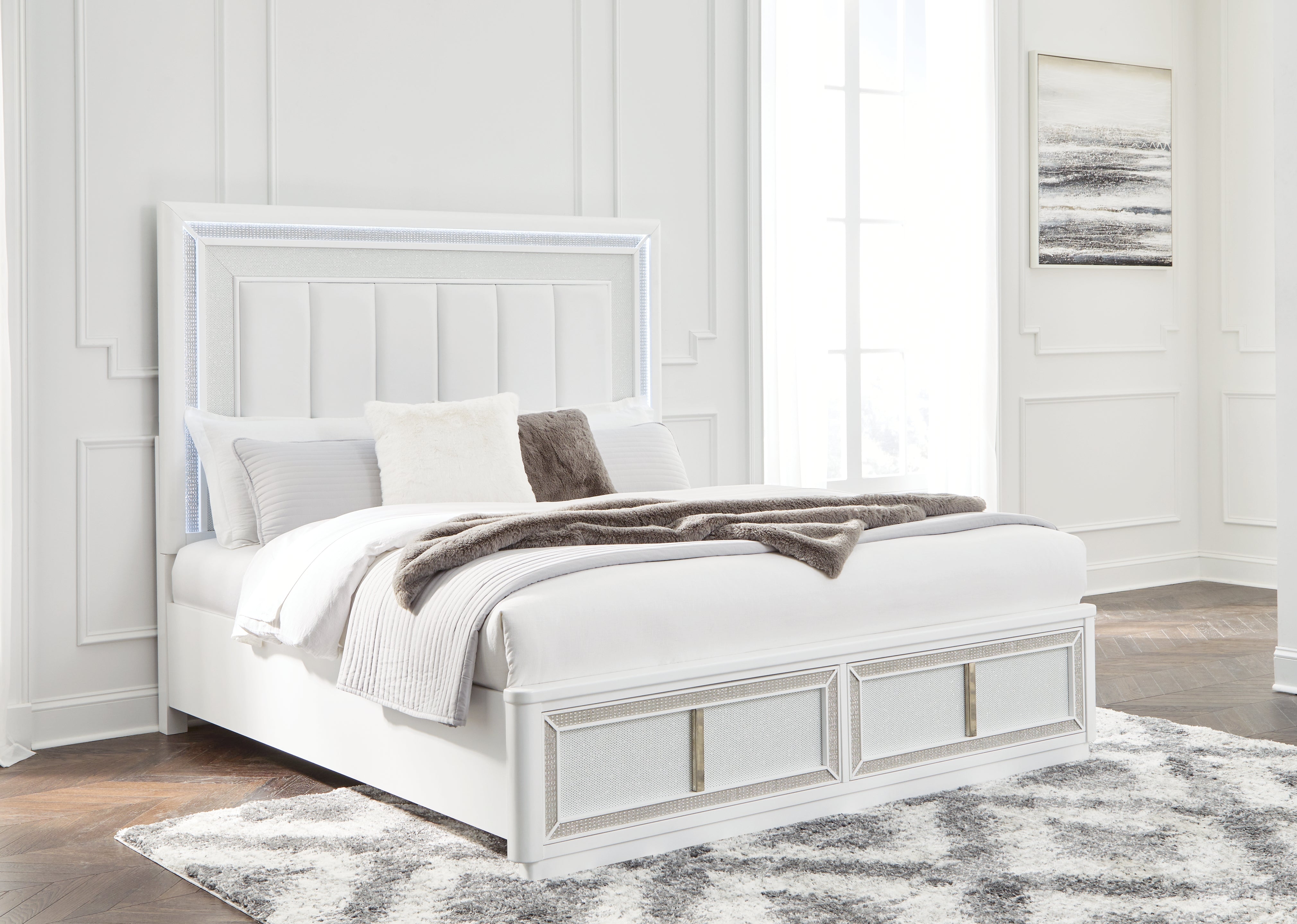 Fine Furniture & Decor - Ashley Furniture - Chalanna Bedroom - King Upholstered Storage Bed / White - B822B4