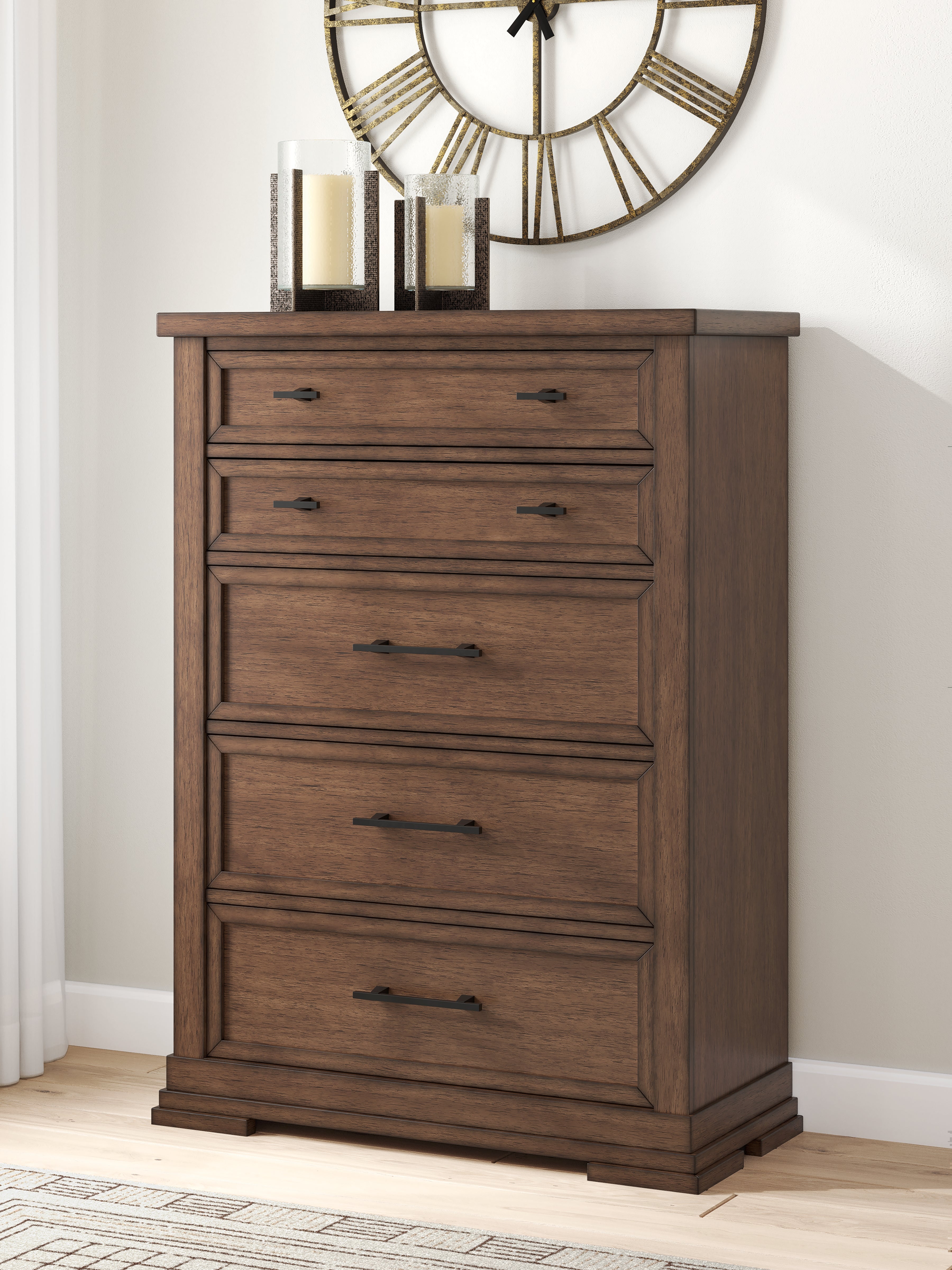 Fine Furniture & Decor - Ashley Furniture - Taffenbrook Bedroom - Five Drawer Chest / Medium Brown - B849-46