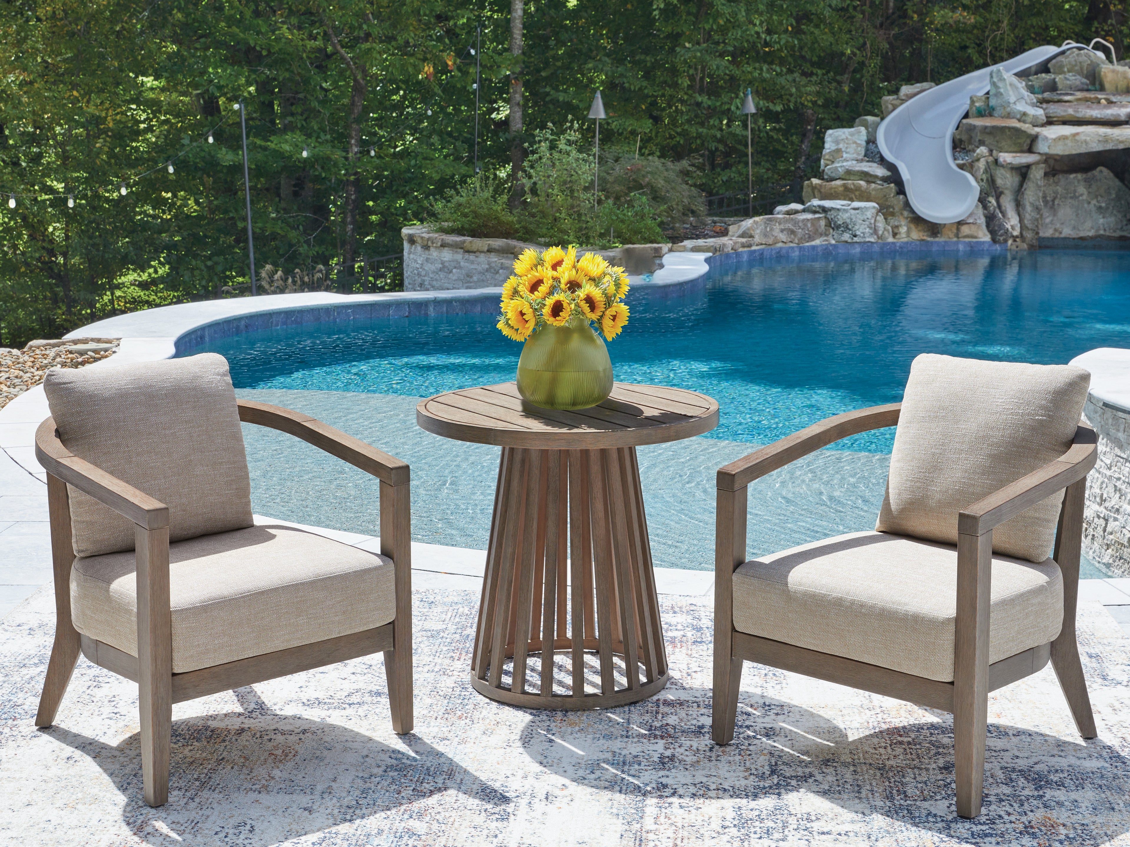 Fine Furniture & Decor - Ashley Furniture - Joy Lagoon Outdoor - Chairs w/CUSH/Table Set (3/CN) - PCP310-050
