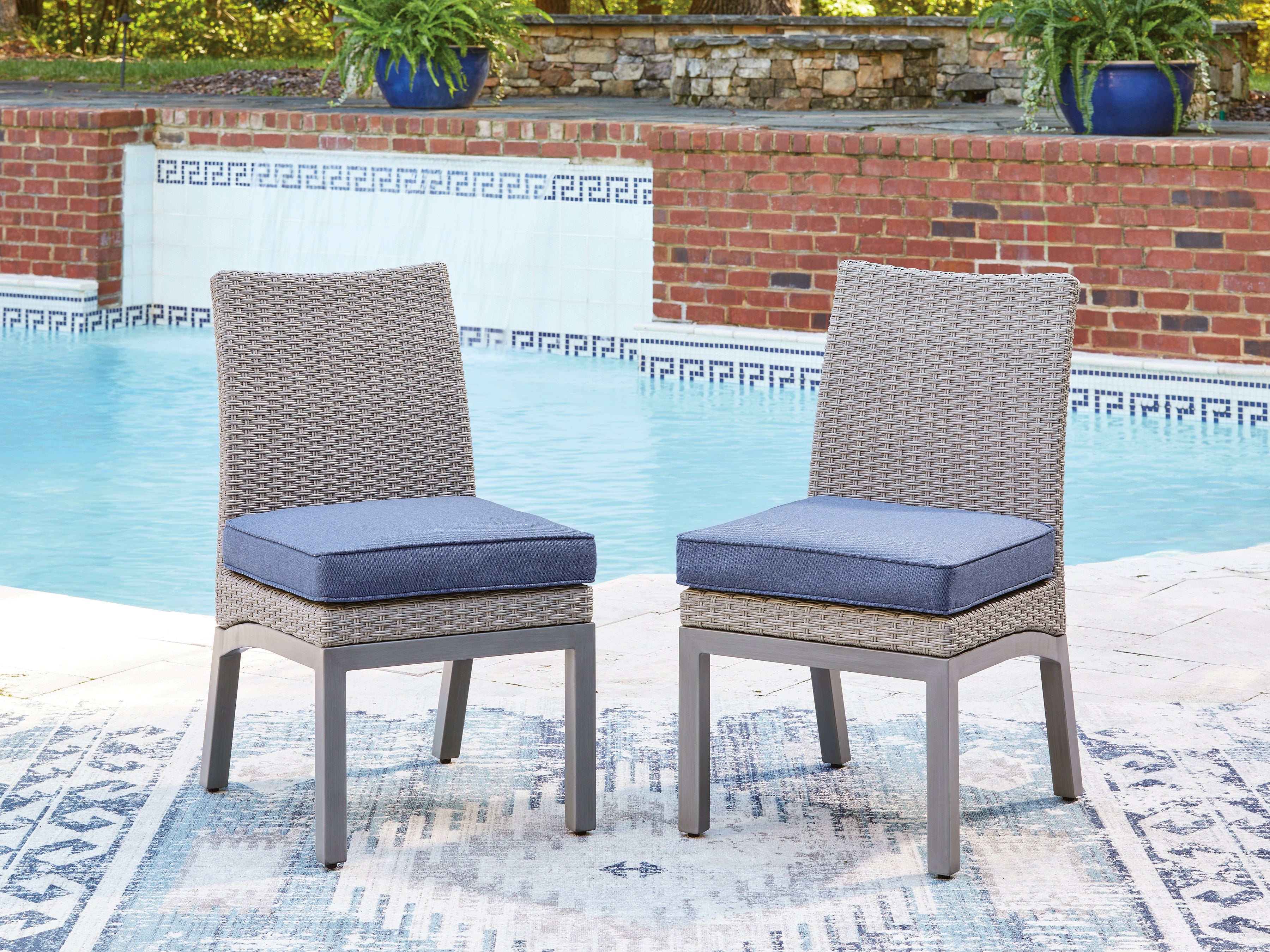 Fine Furniture & Decor - Ashley Furniture - Half Moon Beach Outdoor - Side Chair with Cushion (Set of 2) / Blue/Gray - PCP418-601
