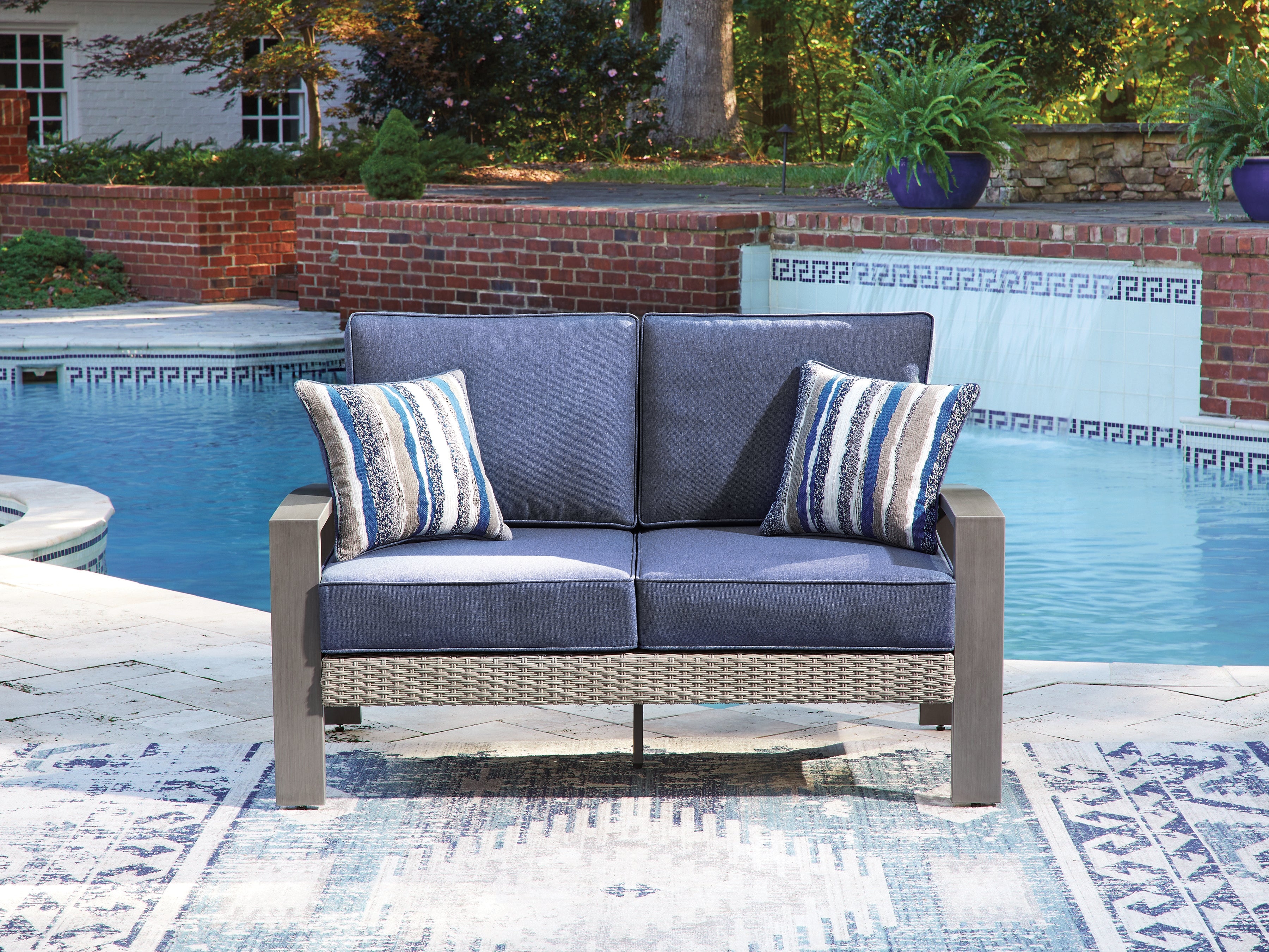Fine Furniture & Decor - Ashley Furniture - Half Moon Beach Outdoor - Loveseat w/Cushion / Blue/Gray - PCP418-835