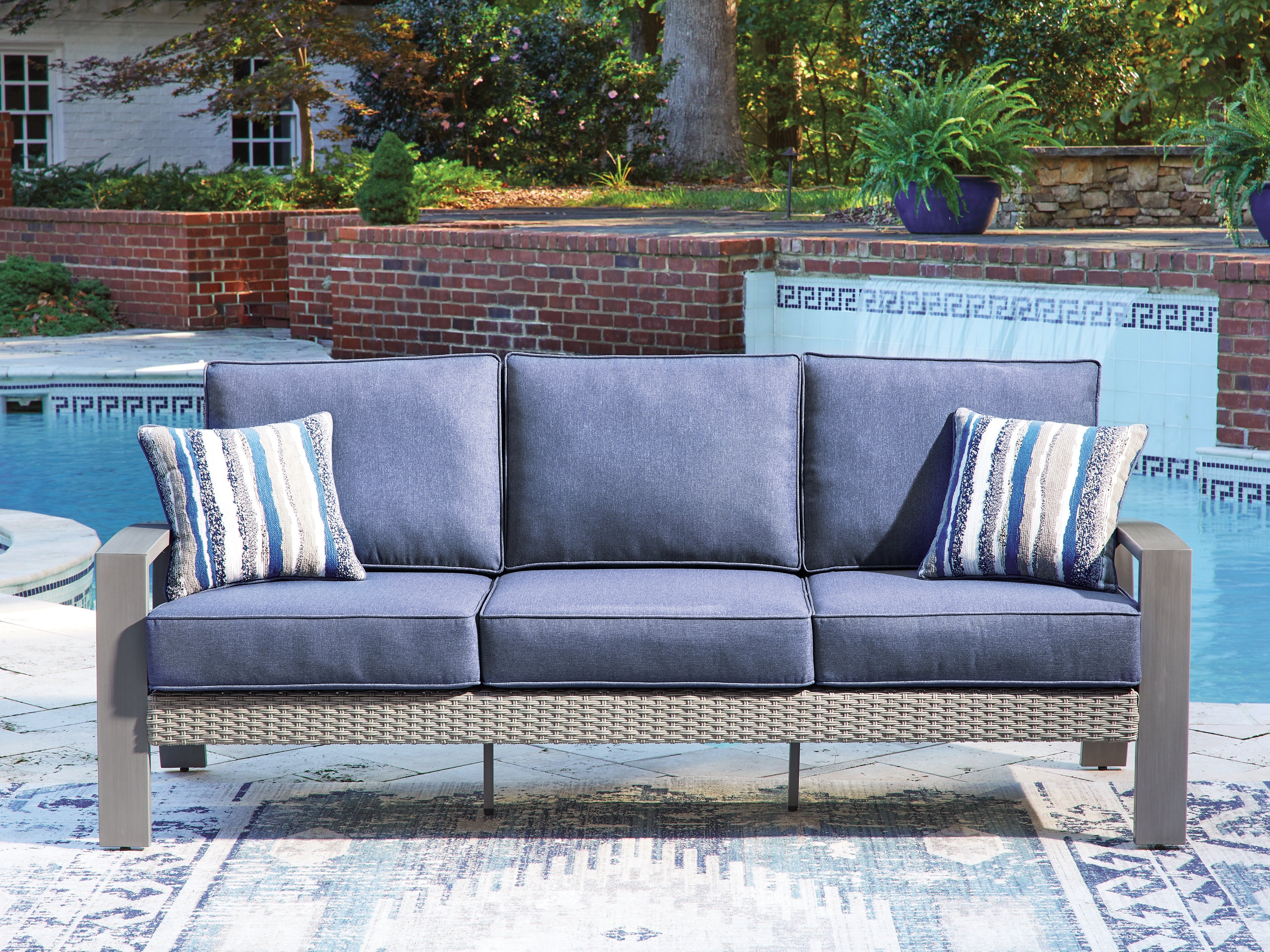 Fine Furniture & Decor - Ashley Furniture - Half Moon Beach Outdoor - Sofa with Cushion / Blue/Gray - PCP418-838