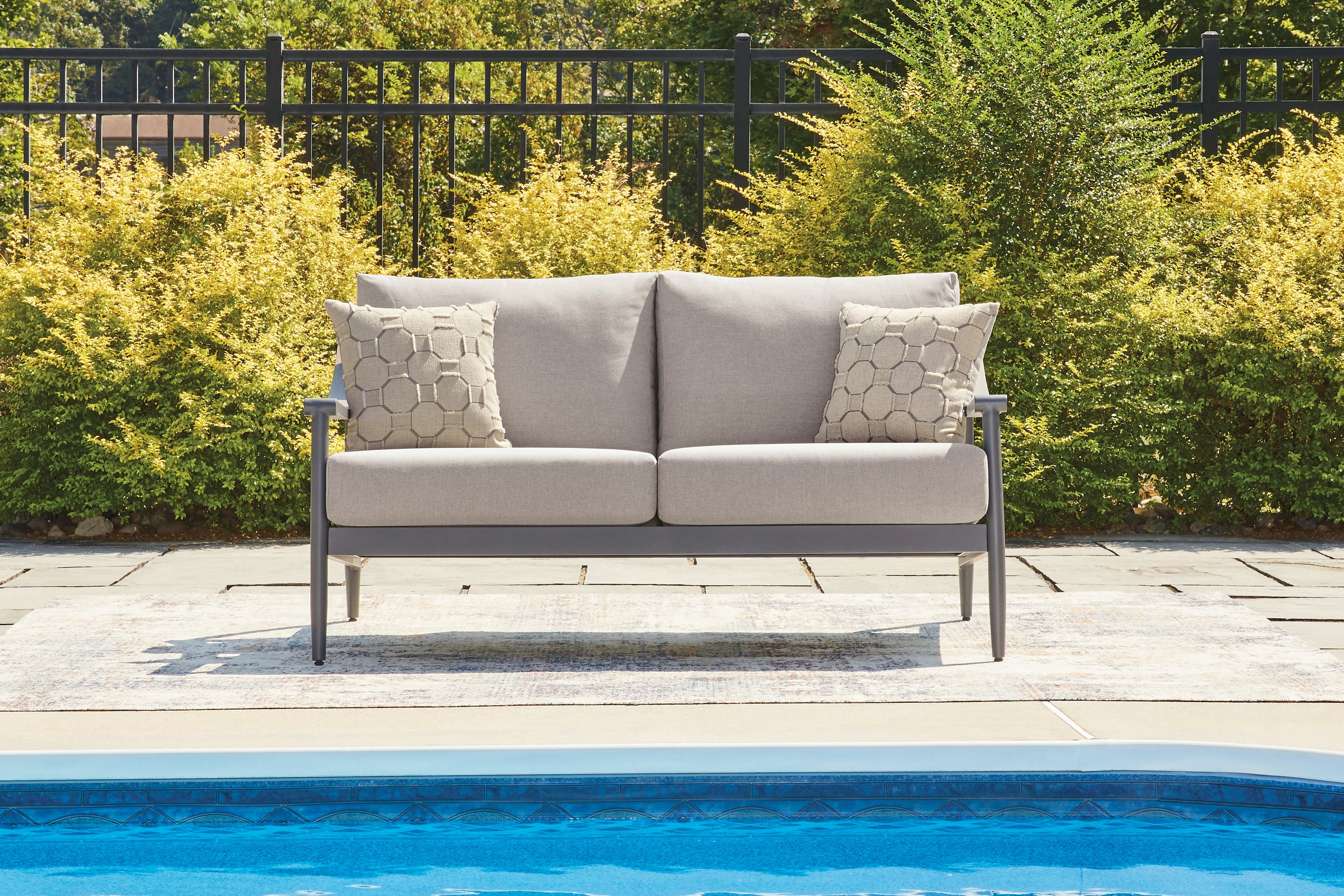 Fine Furniture & Decor - Ashley Furniture - Ocean Beach Outdoor - Loveseat w/Cushion / Gray - PCP510-835